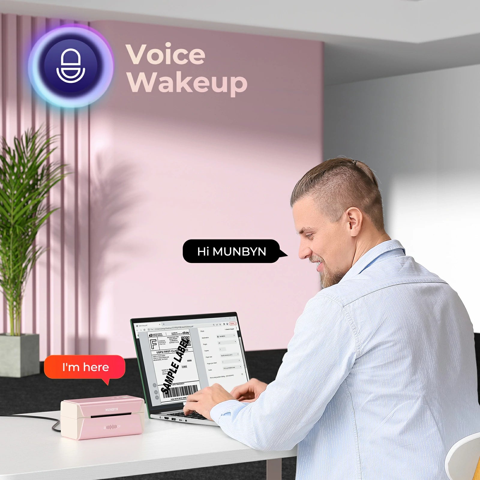 MUNBYN RW401 AirPrint thermal printer responds to your voice commands, effortlessly integrating into your smart office environment.