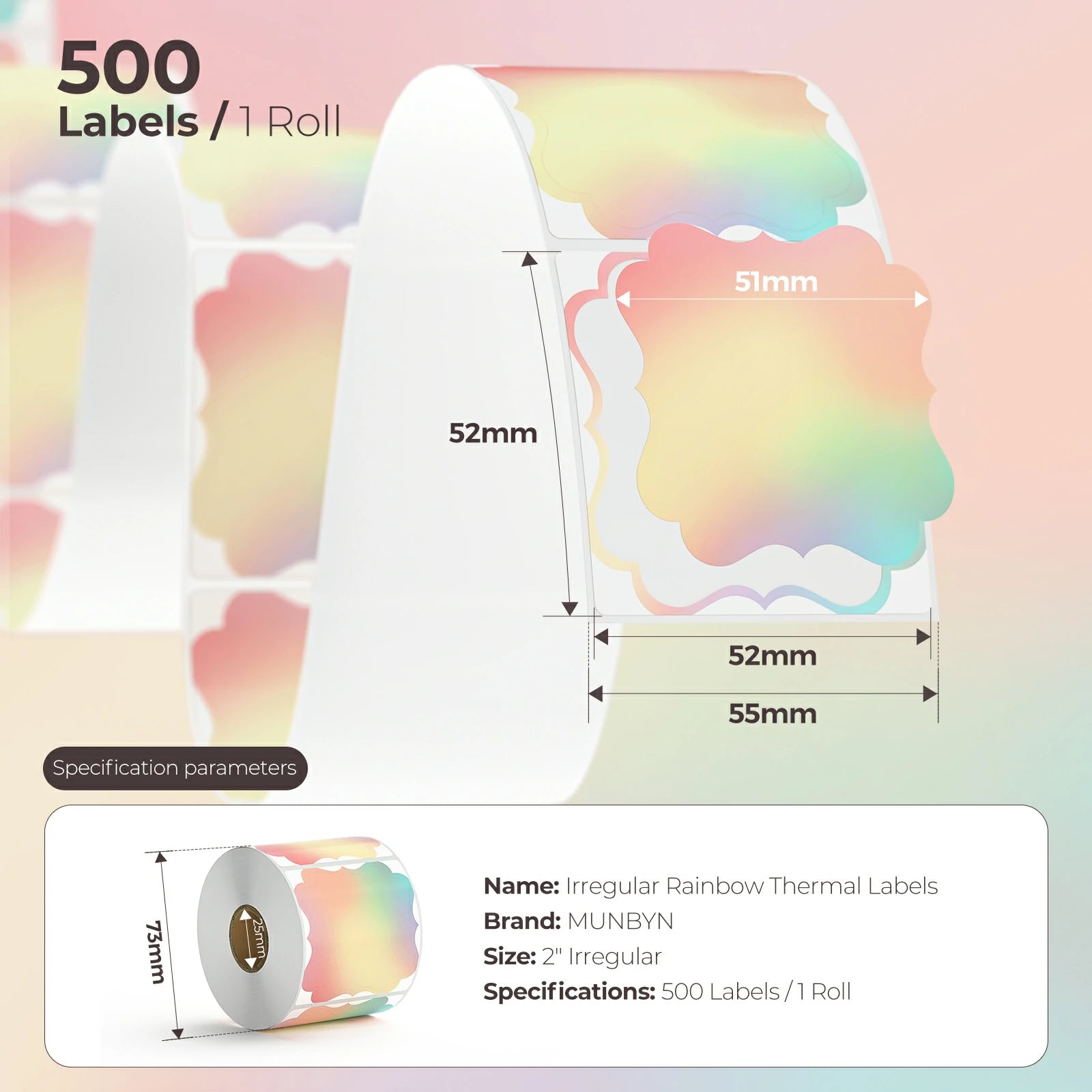 MUNBYN rainbow-colour fancy square labels 500 labels per roll.