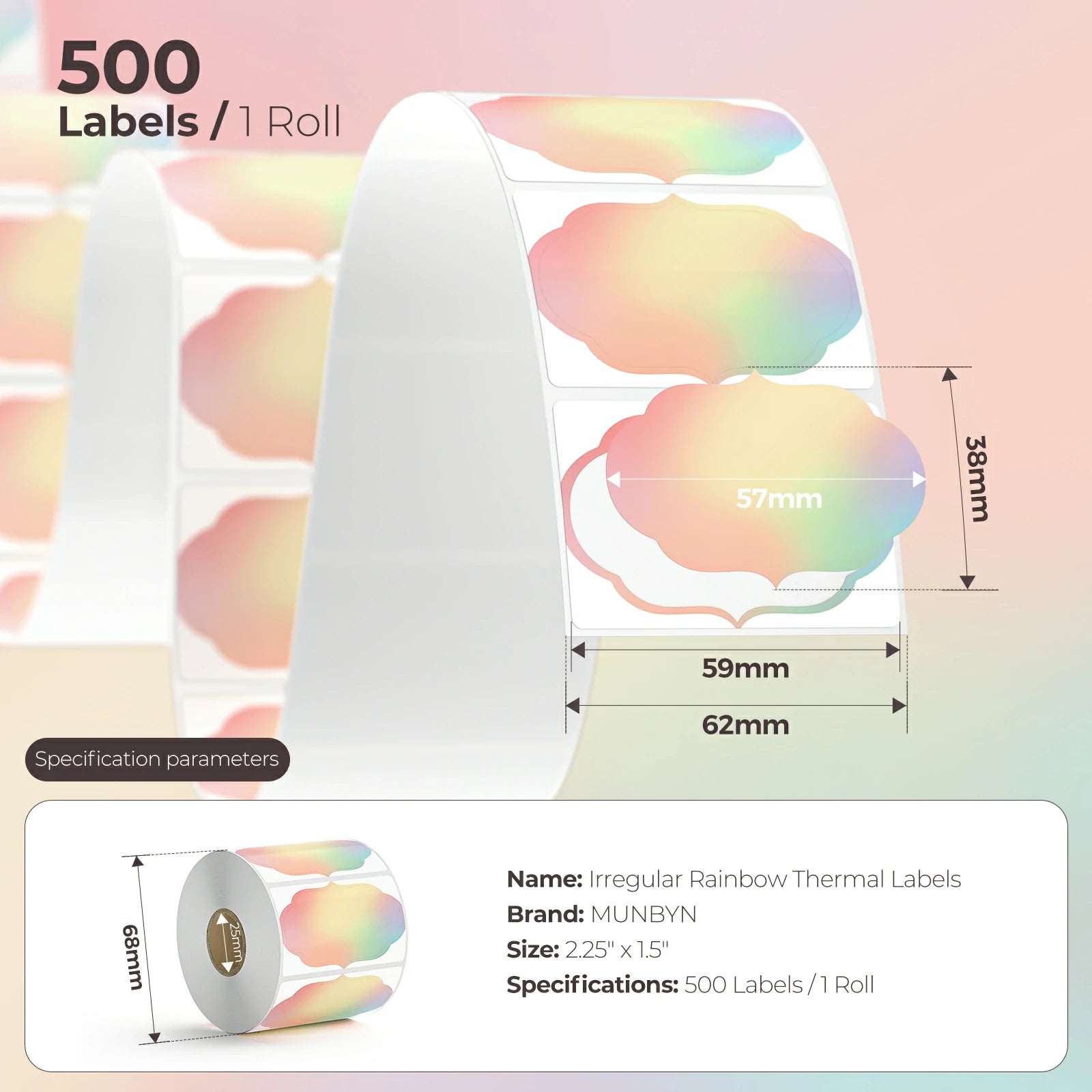MUNBYN rainbow-coloured rectangular frame labels are 57mm x 38mm.