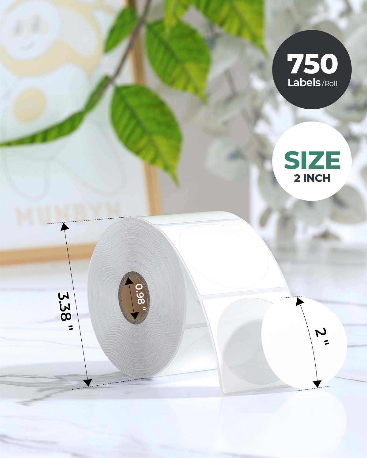 Roll of blank 2-inch round thermal labels, 750 per roll, on a marble surface.