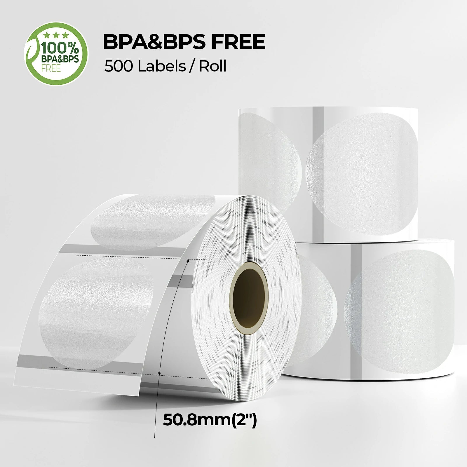 BPA and BPS free round thermal label rolls, 50.8mm diameter, 500 labels per roll