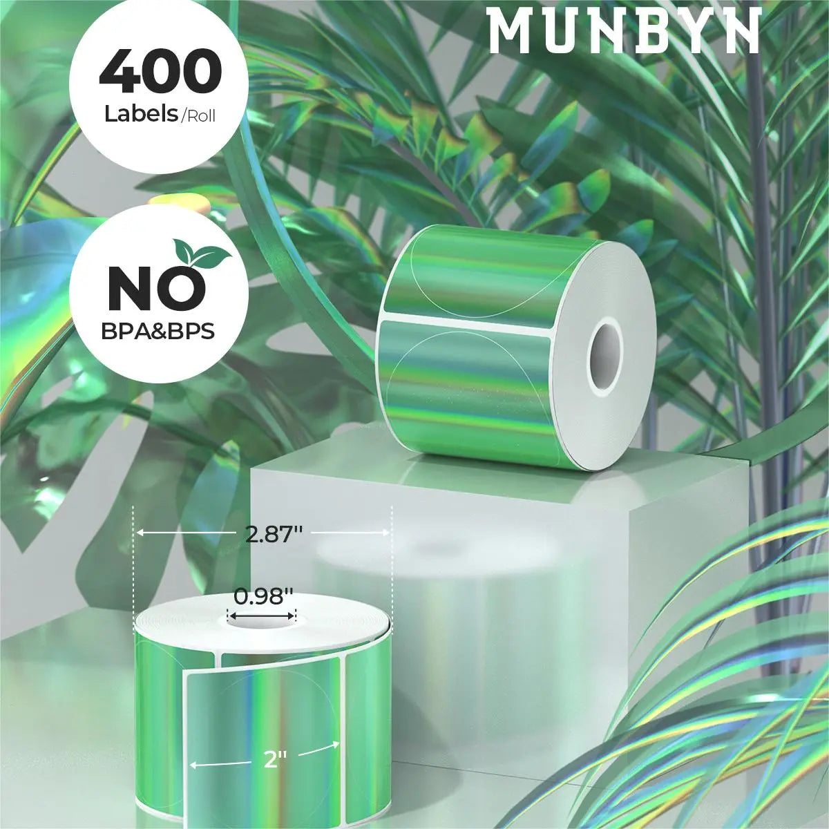 MUNBYN 2" Sticker Holographic Labels Green Thermal Labels