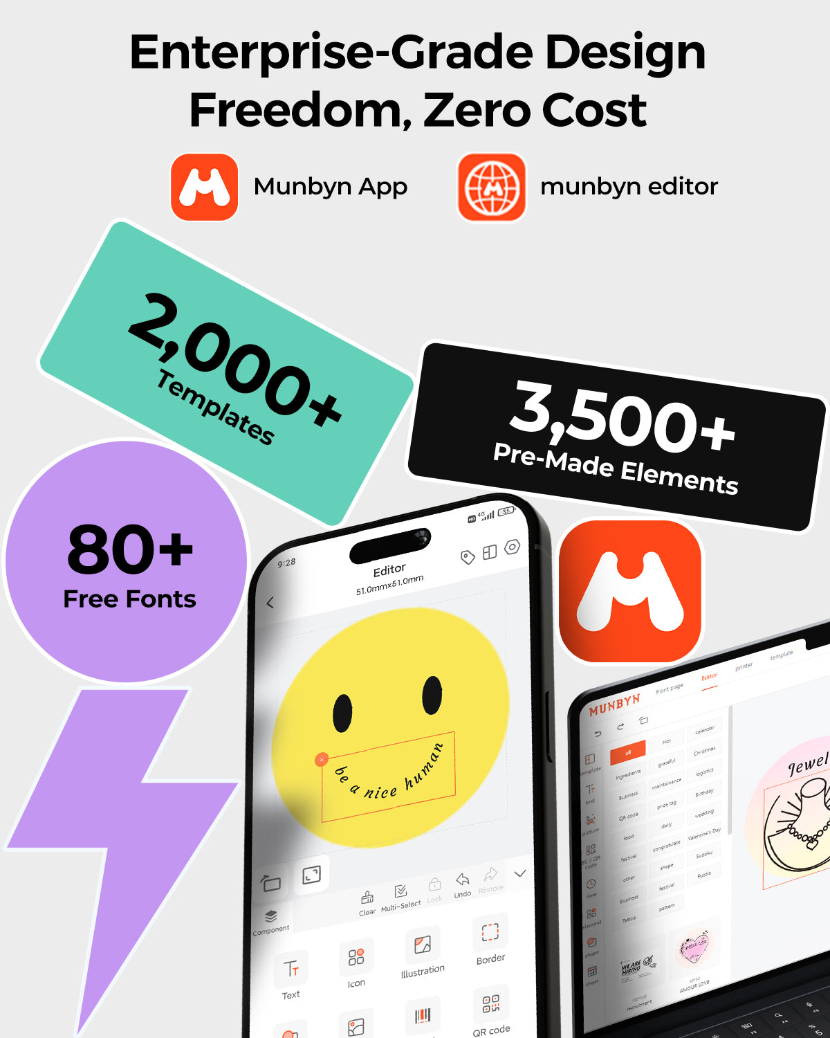 Mobile and desktop design editor interface showing templates, elements, and free fonts for labels