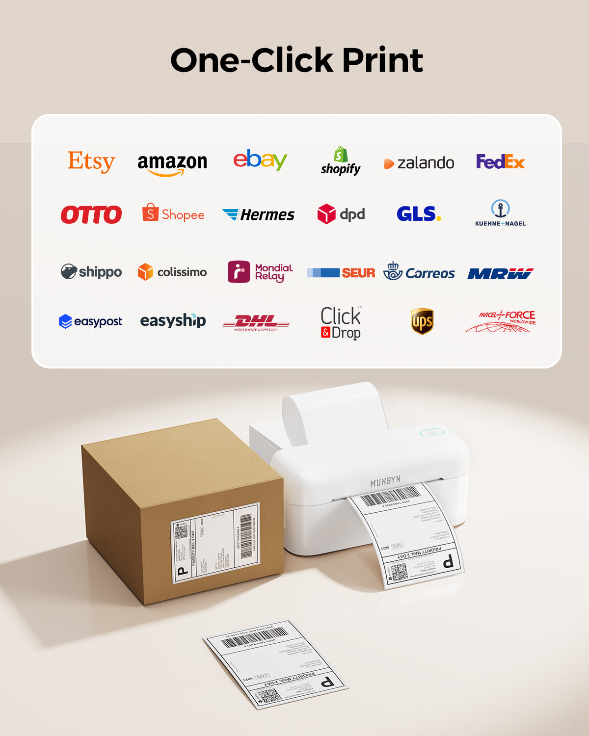 Thermal label printer printing shipping labels beside a package, with major ecommerce and couriers