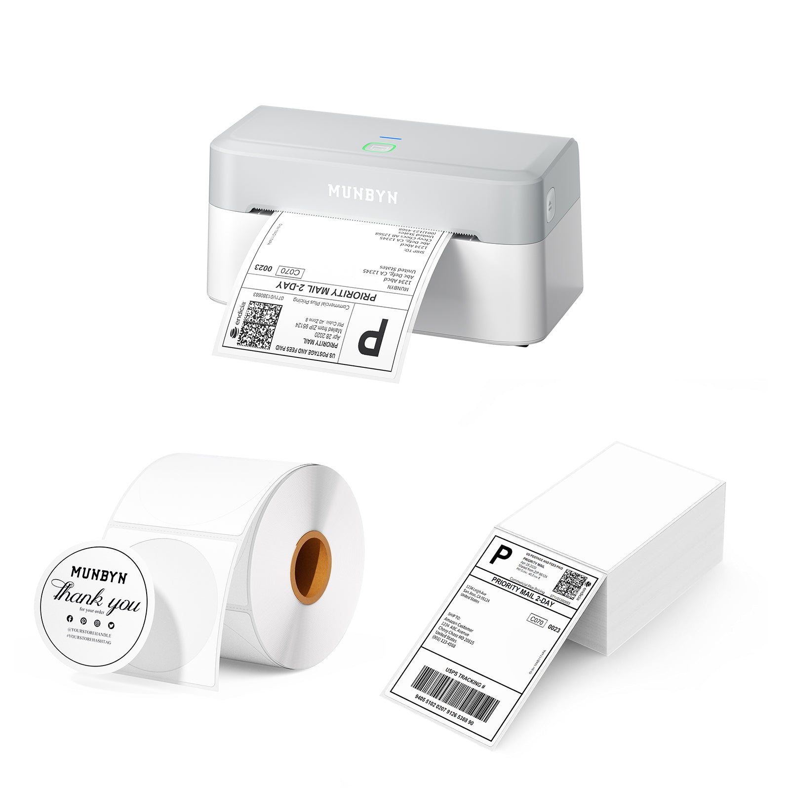 Thermal label printer with printed shipping label, label roll, and blank shipping labels