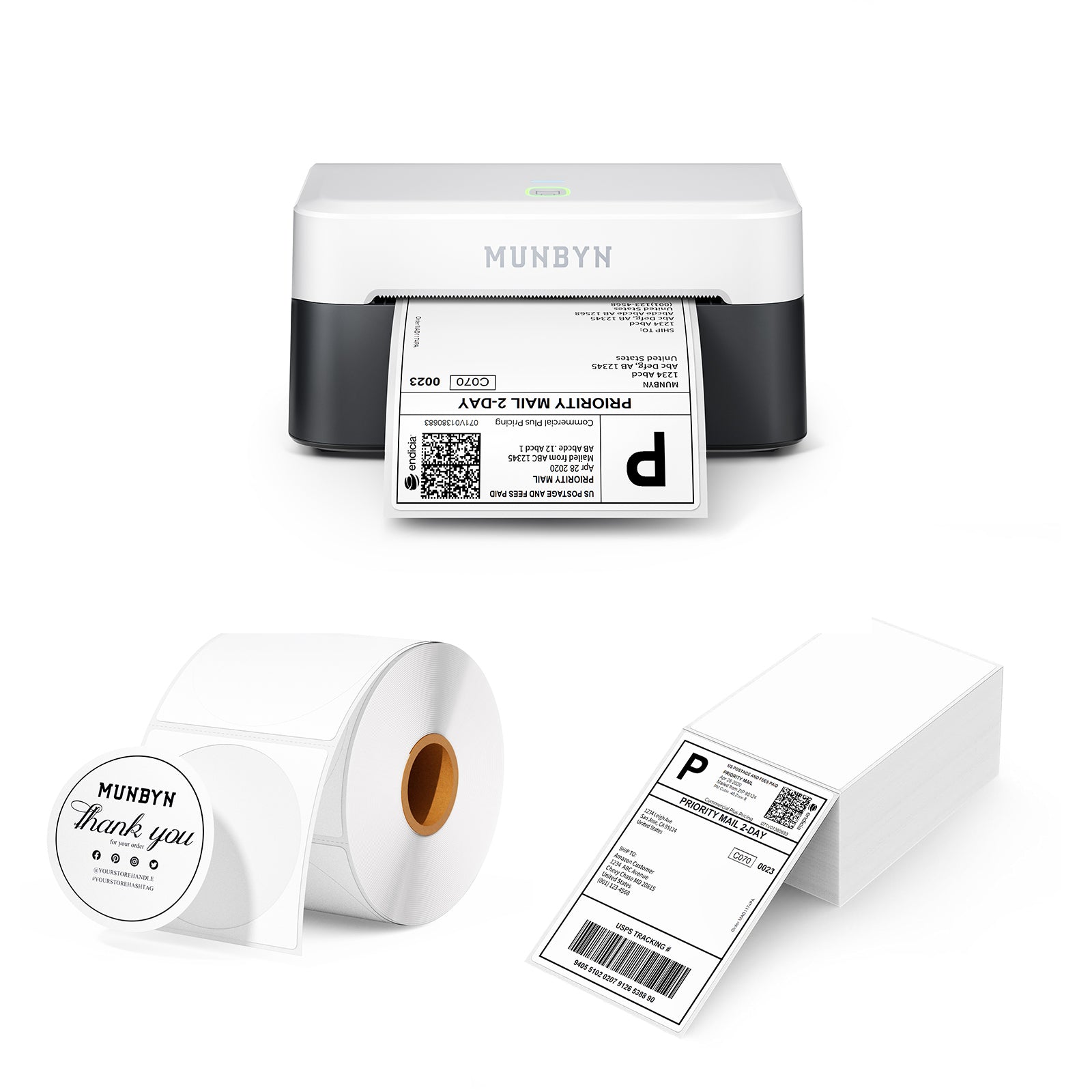 Thermal label printer with shipping labels and thank you sticker roll for packaging