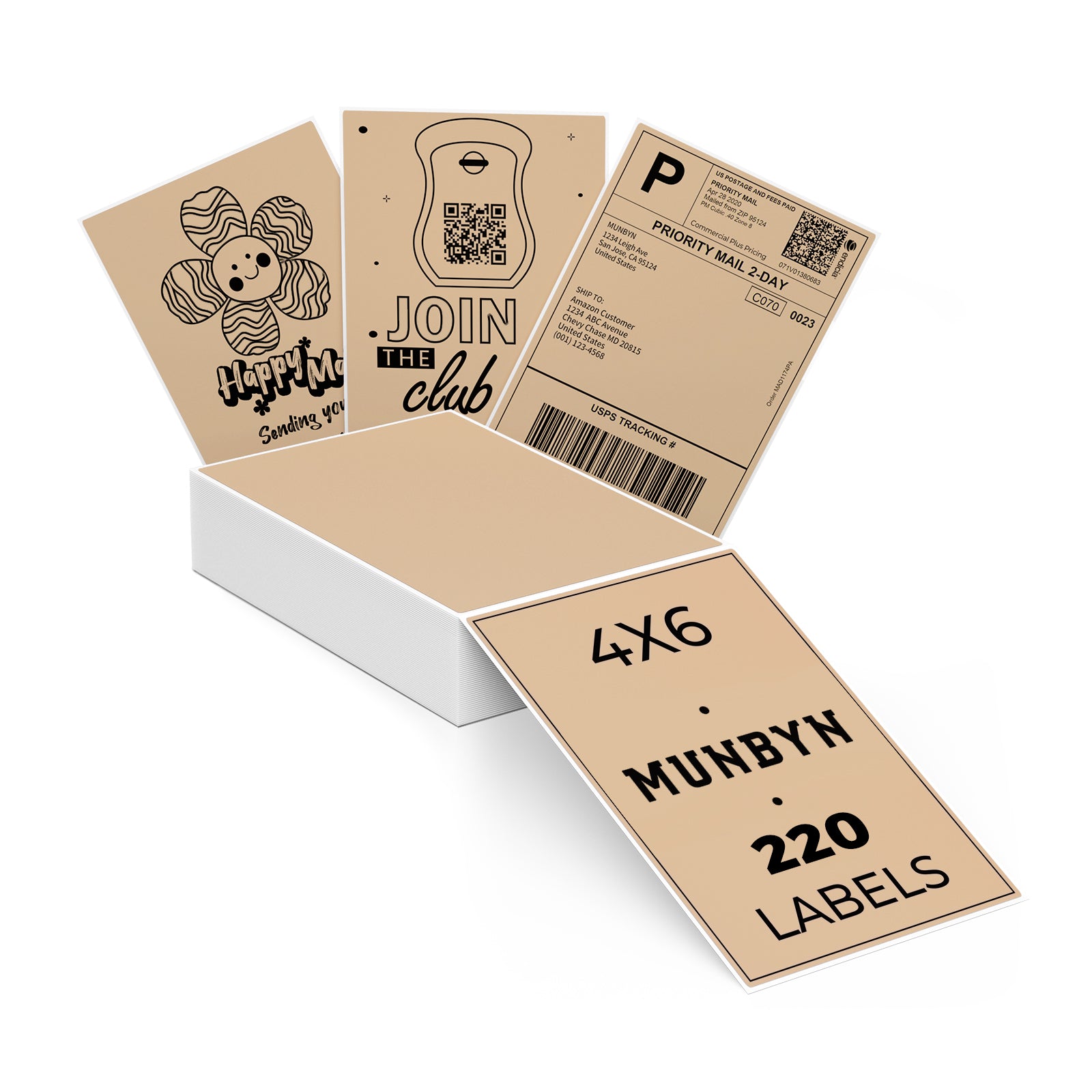Brown 4x6 thermal shipping labels, 220-pack, displayed in a white box with sample prints.