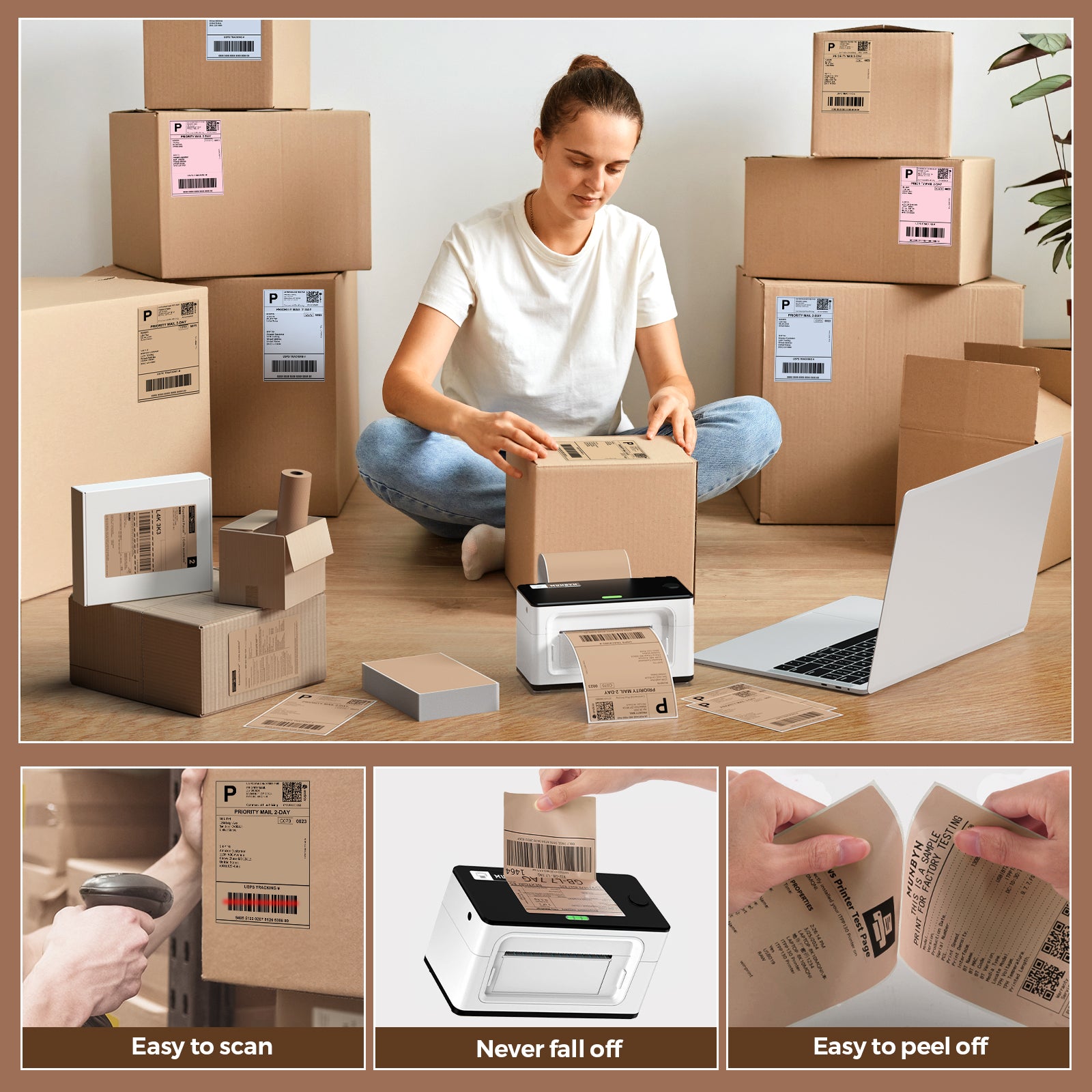 Woman using thermal label printer for shipping boxes, with barcode labels and packing supplies.