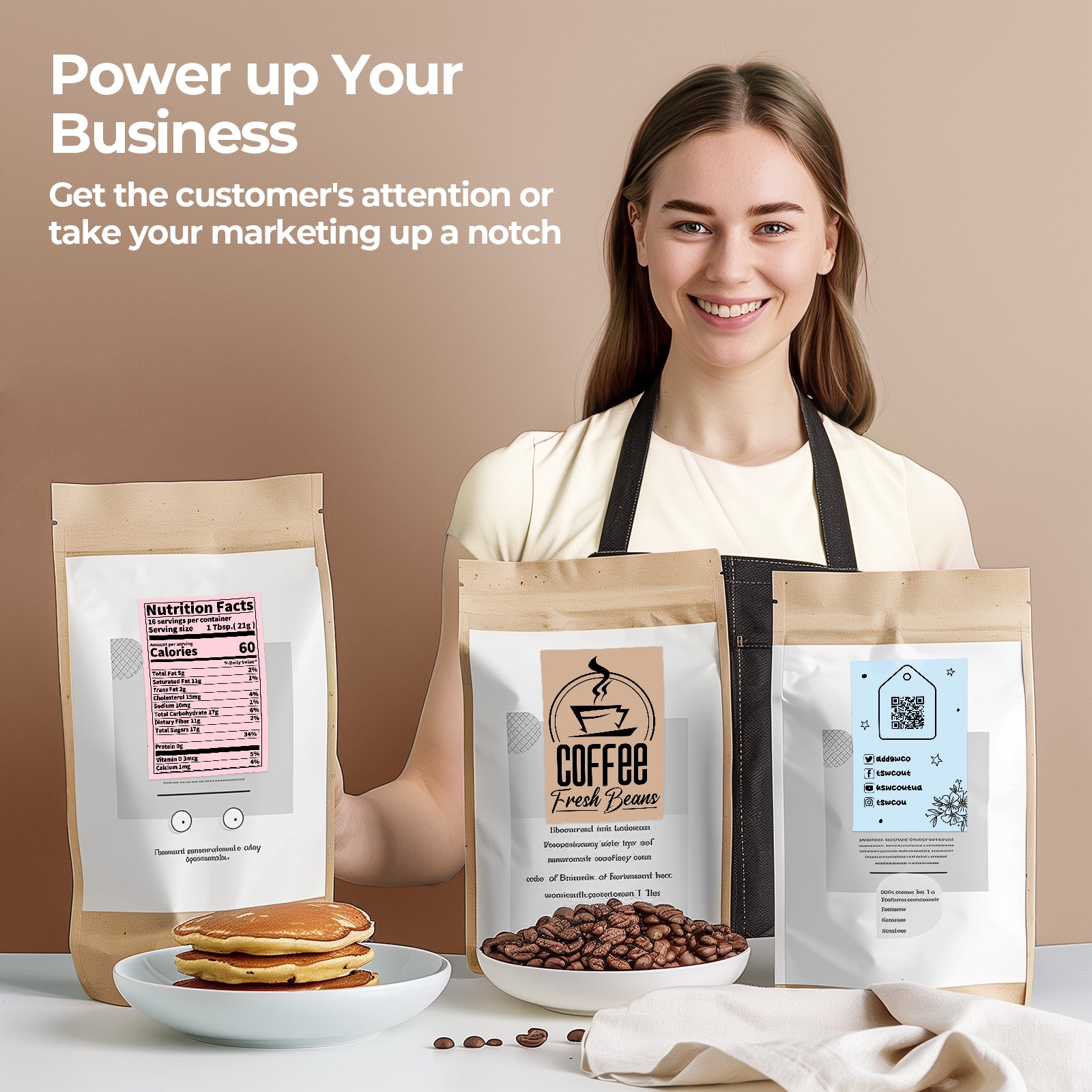 Woman holding labeled coffee packaging bags with custom product labels, marketing concept
