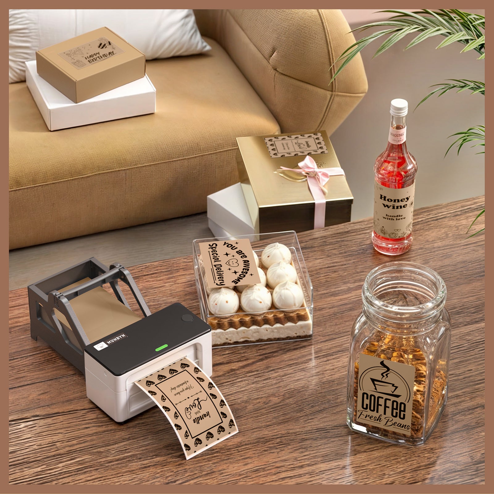 Thermal label printer printing kraft labels for coffee jars, gifts, and packaging on table.