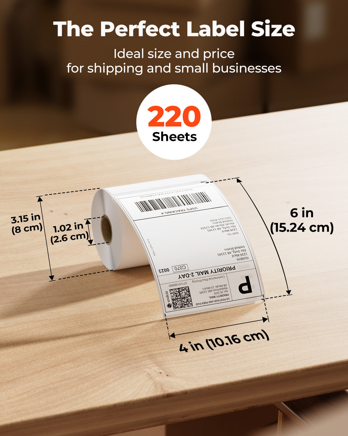 4x6 inch thermal shipping label roll, 220 sheets, size dimensions for small businesses