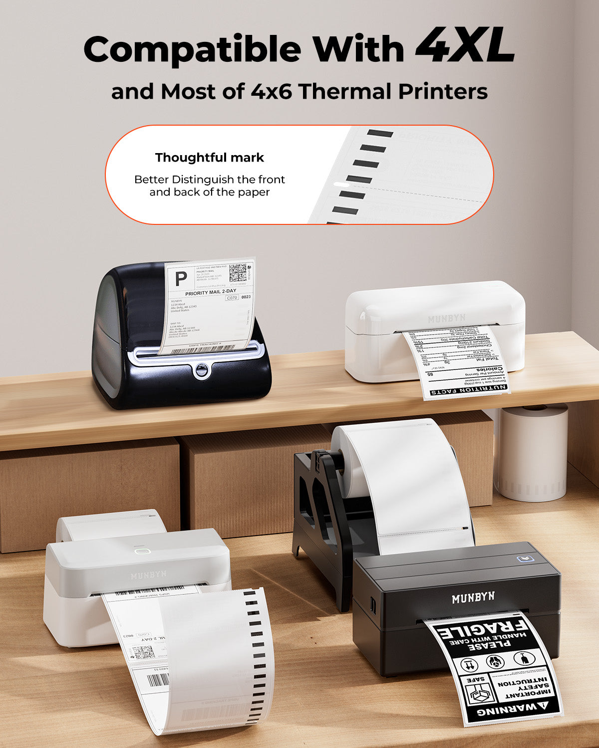 Multiple 4x6 thermal printers printing shipping and fragile labels, label paper with black markings.