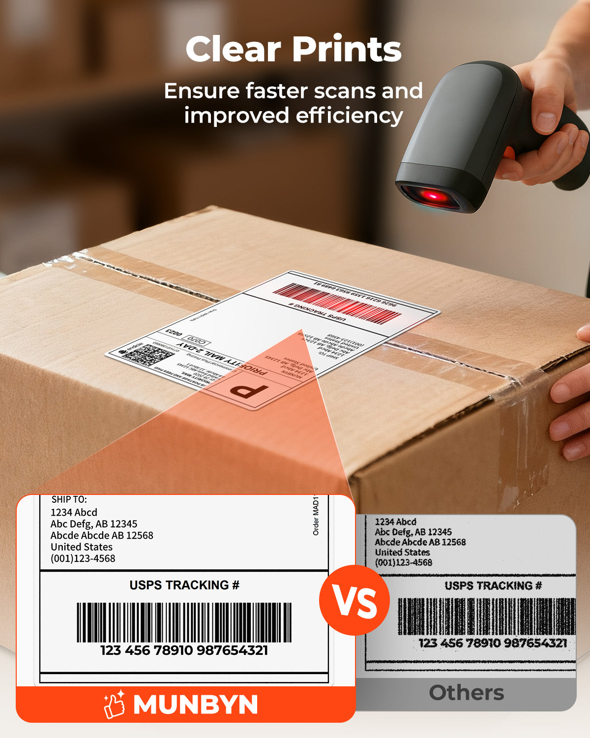 Shipping label on parcel scanned with barcode scanner, comparing clear thermal label prints.