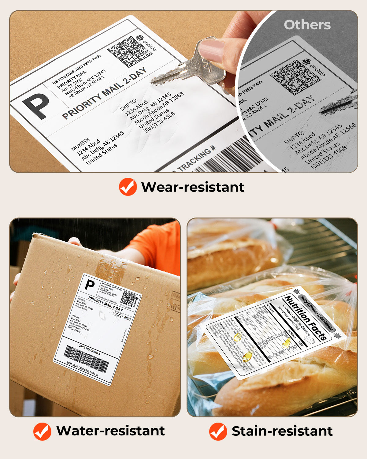 Thermal shipping and nutrition labels shown as wear-resistant, water-resistant, stain-resistant.