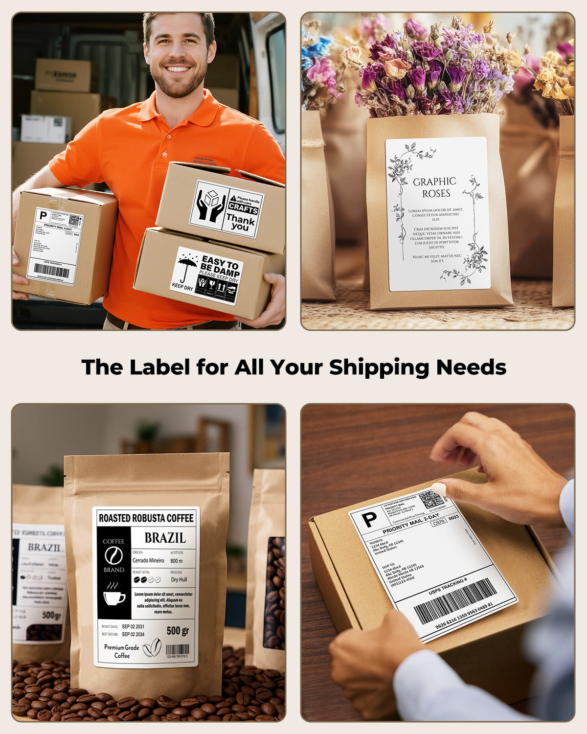 Shipping, product, and address labels on brown packages, coffee bags, and flower bags