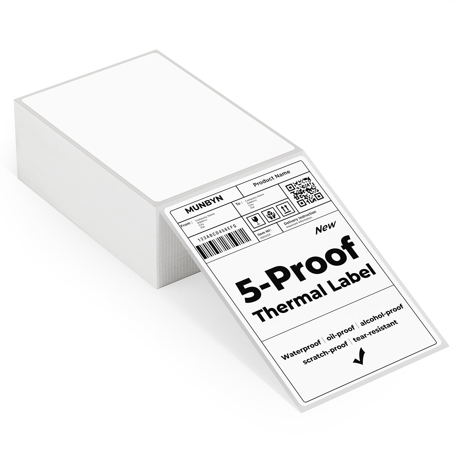 Stack of 4x6 inch white thermal shipping labels with 5-proof durability description
