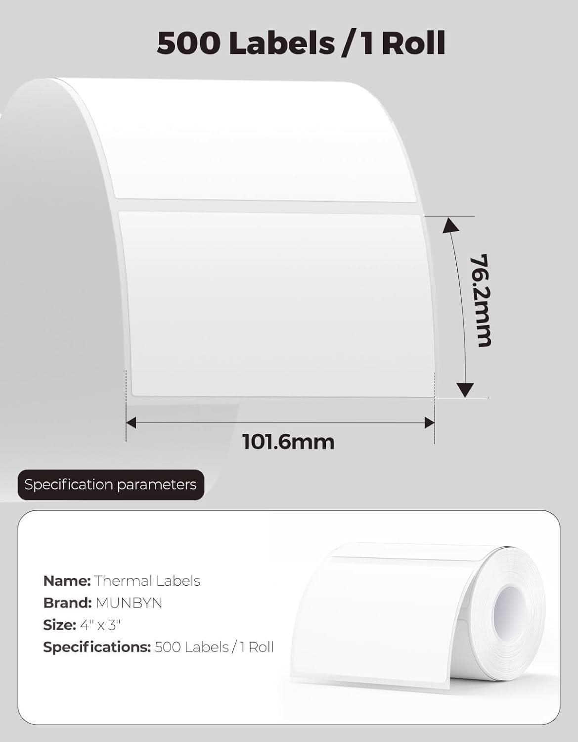 Pack of 4x3 inch rectangle labels printed on MUNBYN label printer paper, showing white labels with blank space for customization.