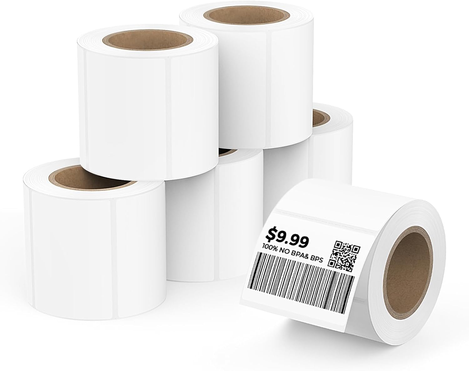 Thermal label rolls for printers, one with barcode and price tag, white background.
