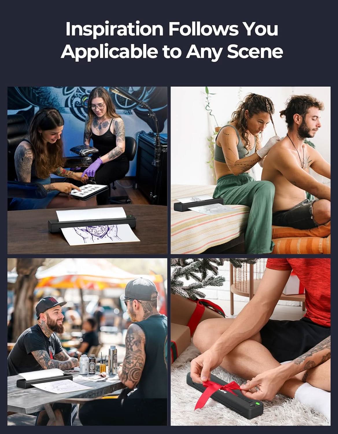 Collage of tattoo artists and individuals using portable thermal printers in diverse settings, including a tattoo studio, home, outdoor cafe, and during gift wrapping, highlighting versatility and convenience.