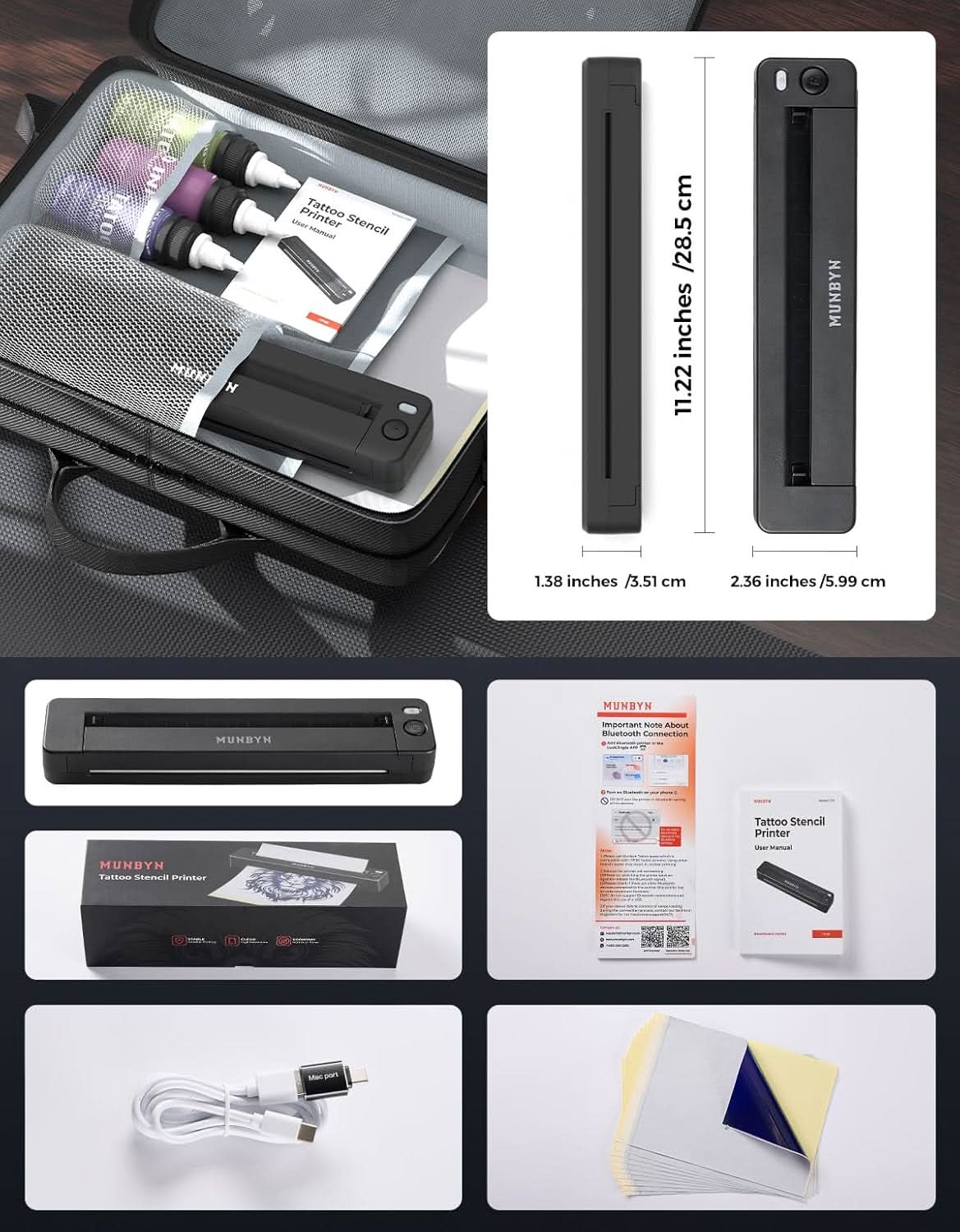 Portable tattoo stencil printer set with accessories, cables, and instruction manual