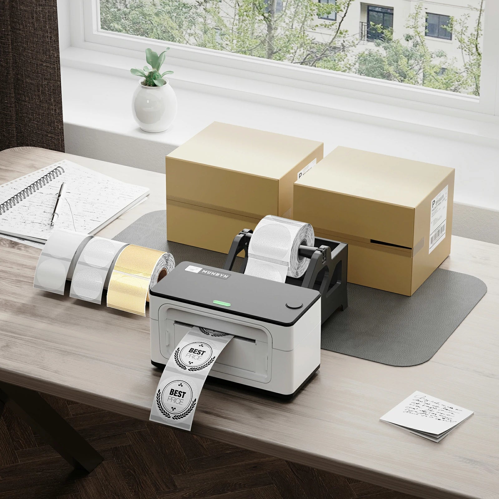 Thermal label printer printing custom stickers on a desk with shipping boxes and label rolls