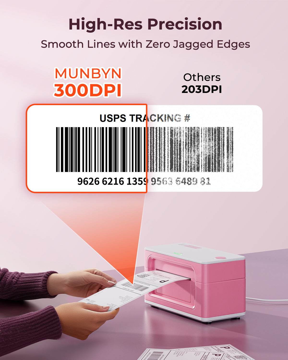 Pink thermal label printer printing high-resolution shipping label comparison at 300 DPI