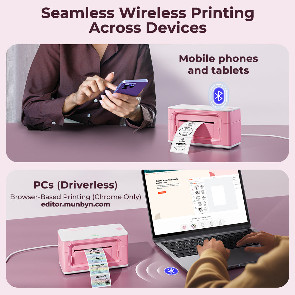 Pink Bluetooth thermal label printer used wirelessly with phone and laptop for shipping labels