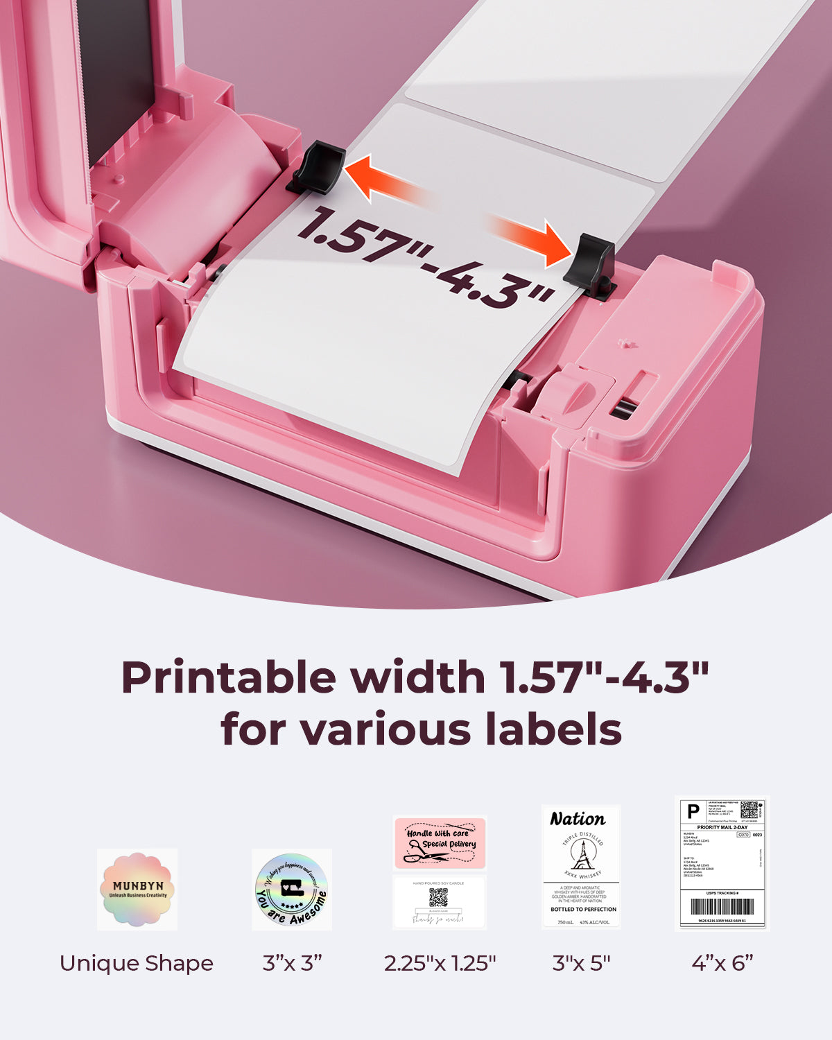 Pink thermal label printer with adjustable width, fitting various label sizes from 1.57 to 4.3 inches