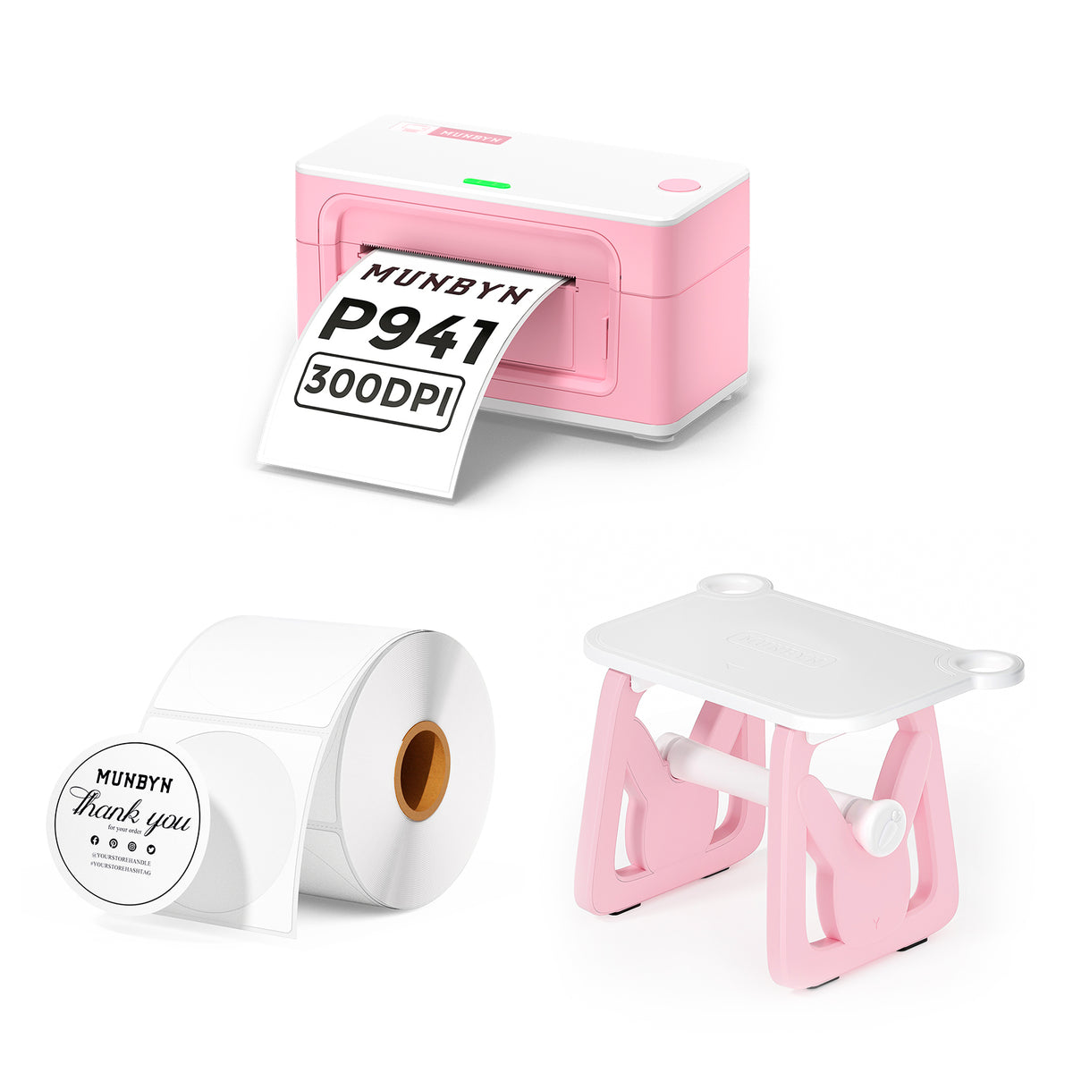 Pink thermal label printer kit with label rolls and pink label holder for shipping labels