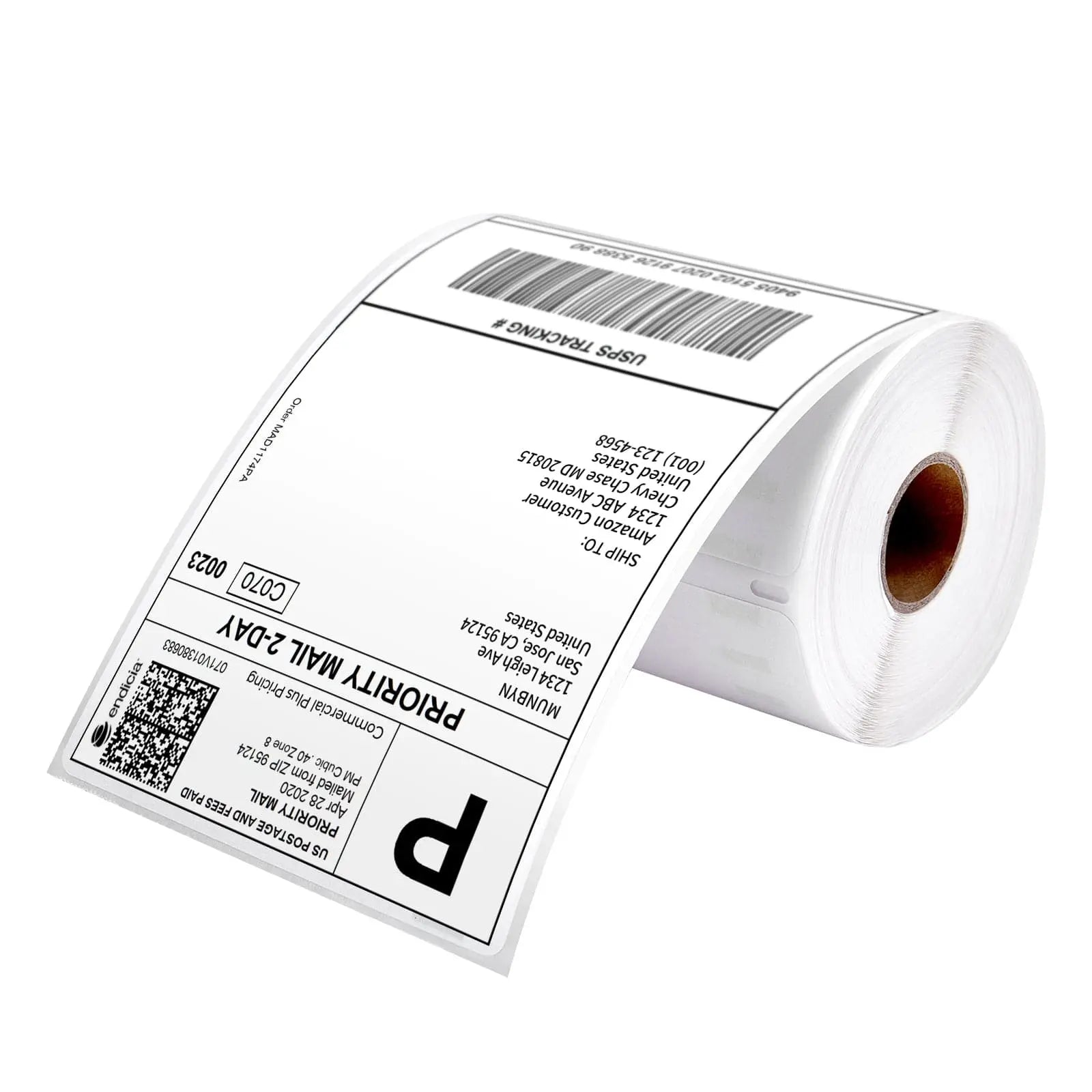 Roll of thermal shipping labels with USPS barcode and address, ideal for package labeling