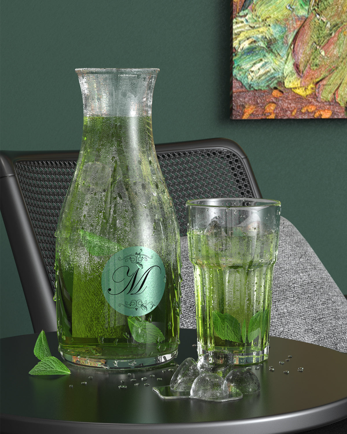 Glass pitcher and tumbler with green mint drink, ice cubes, and mint leaves on a table