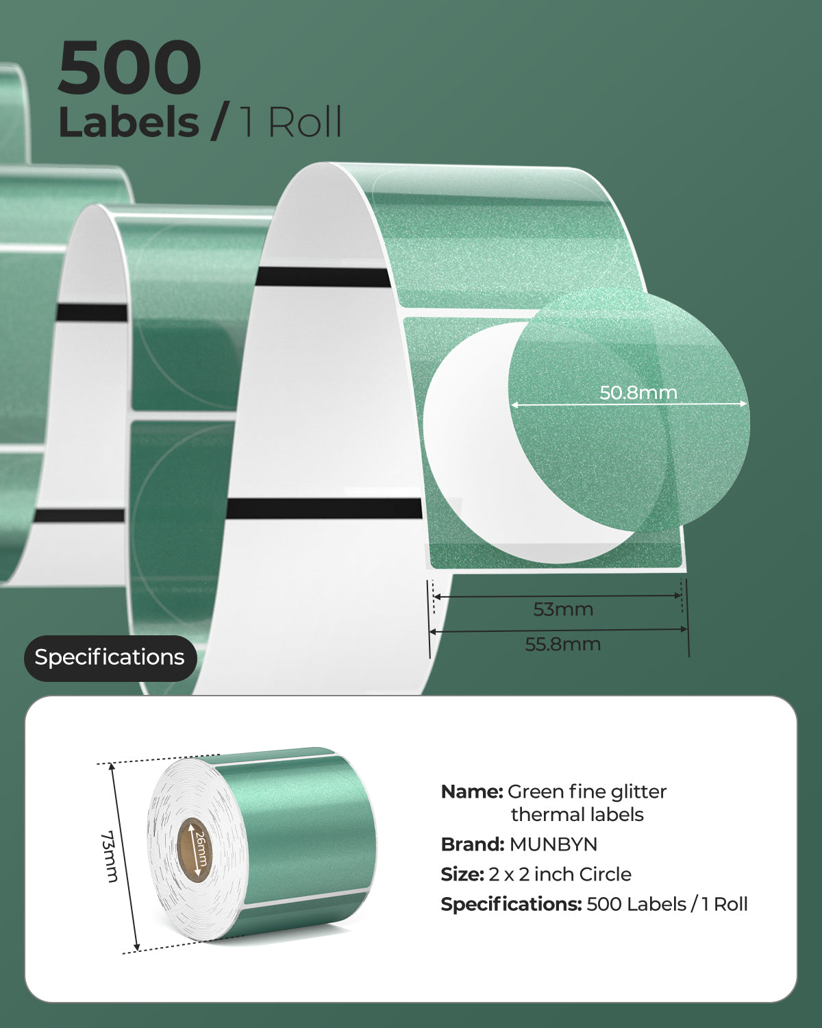 Green glitter circle thermal labels, 2x2 inch, 500 labels per roll, on a green background.