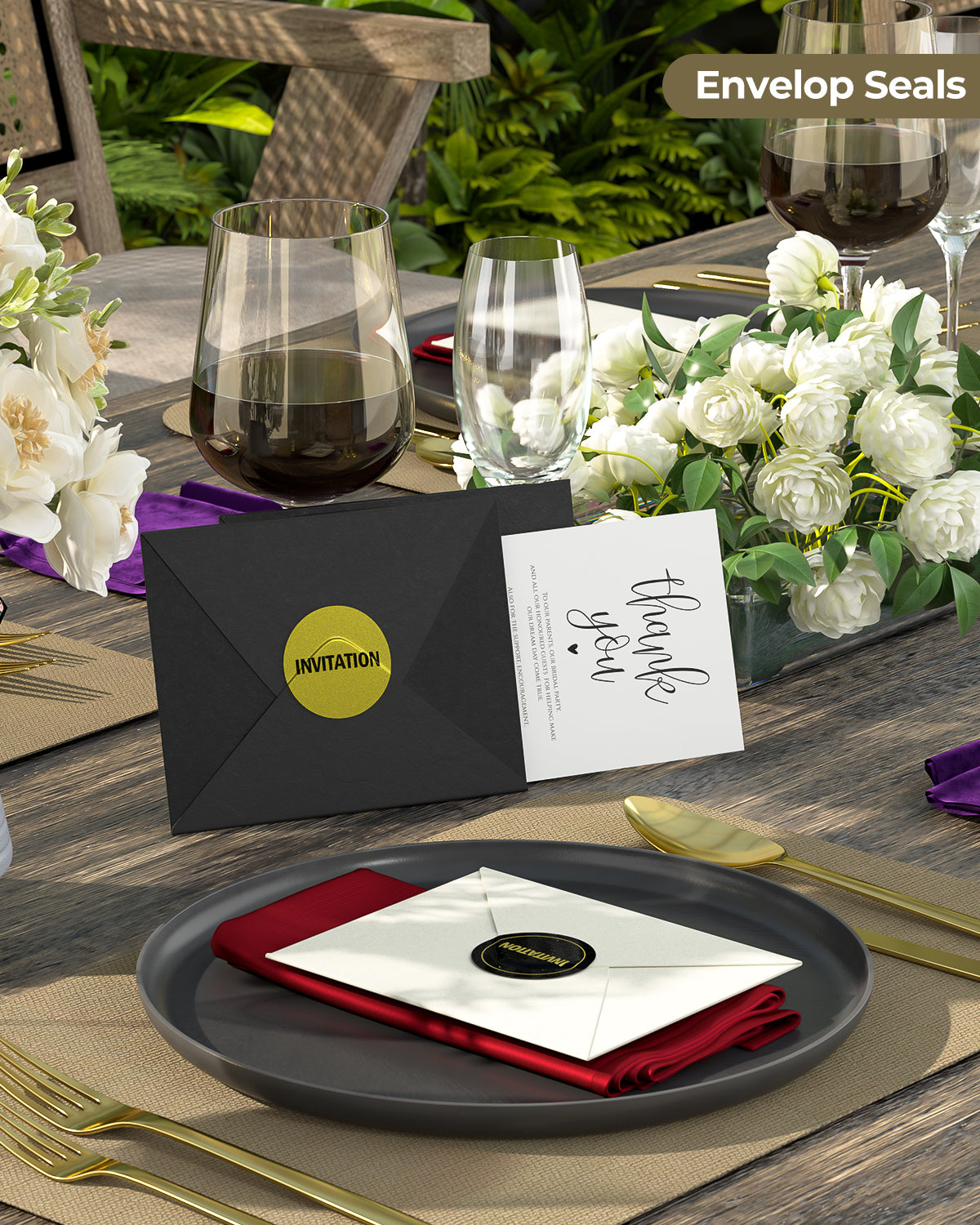 Gold glitter envelope seals on black and white invitations at an elegant table setting