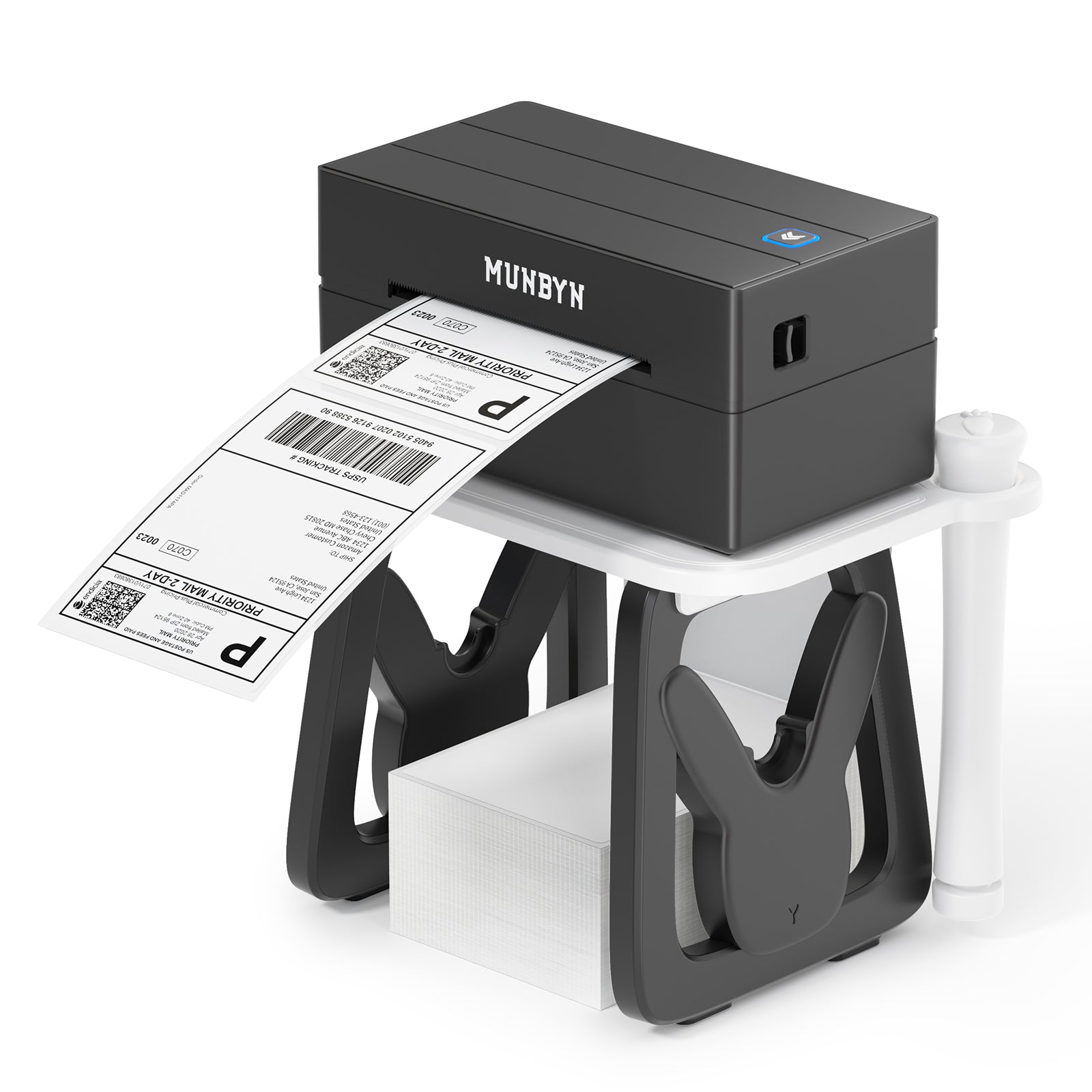 Black thermal label printer printing shipping label, shown on a white and black holder.