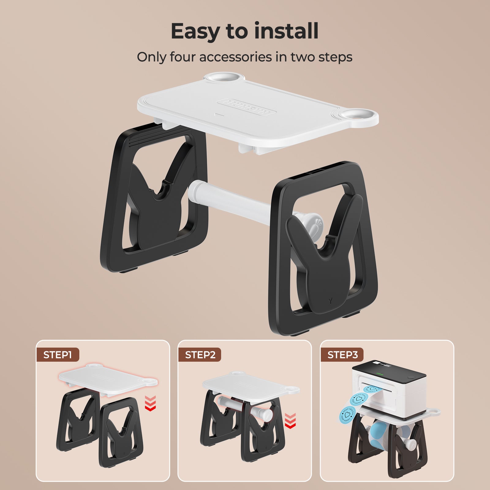 Easy-to-install black and white thermal printer stand with step-by-step assembly guide.