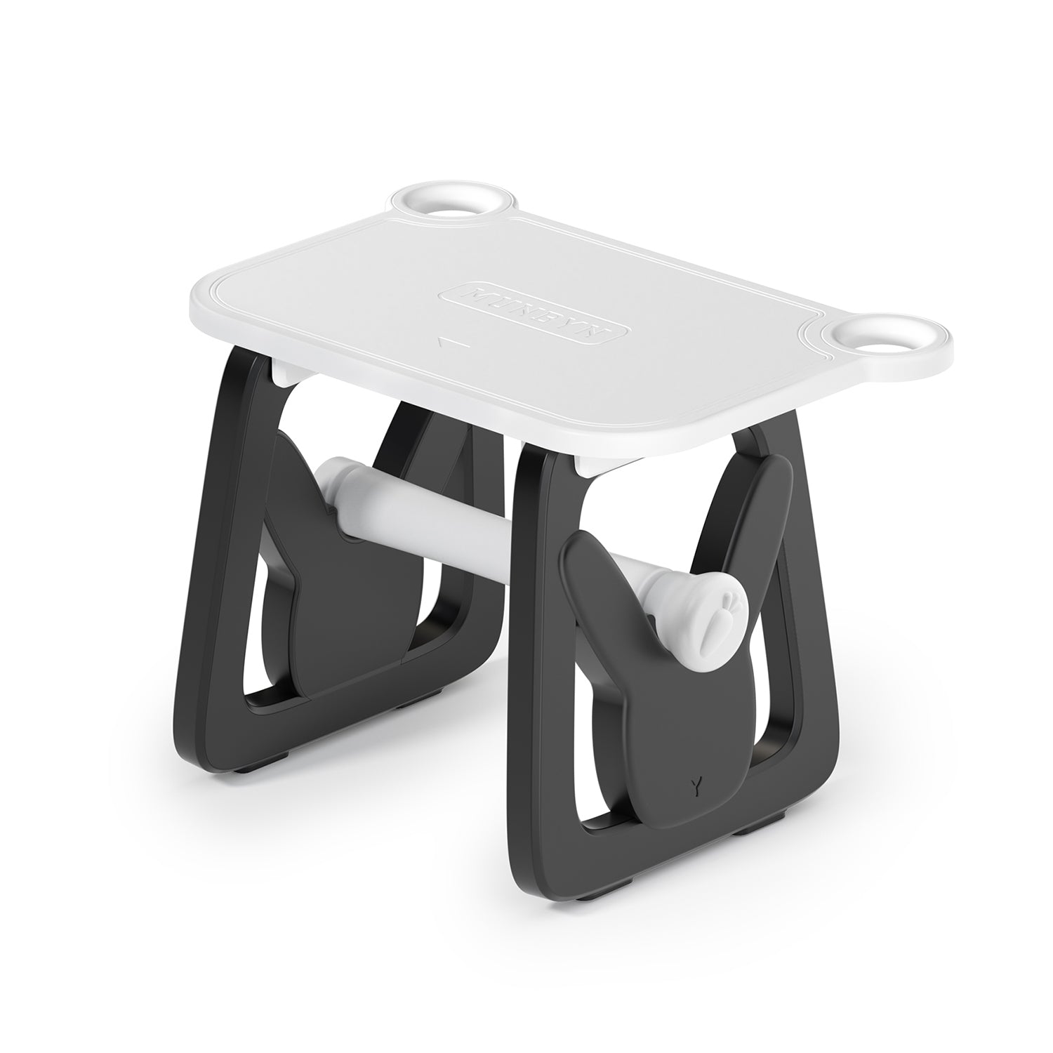 Black and white thermal label holder with stable base and roll support, isolated on white