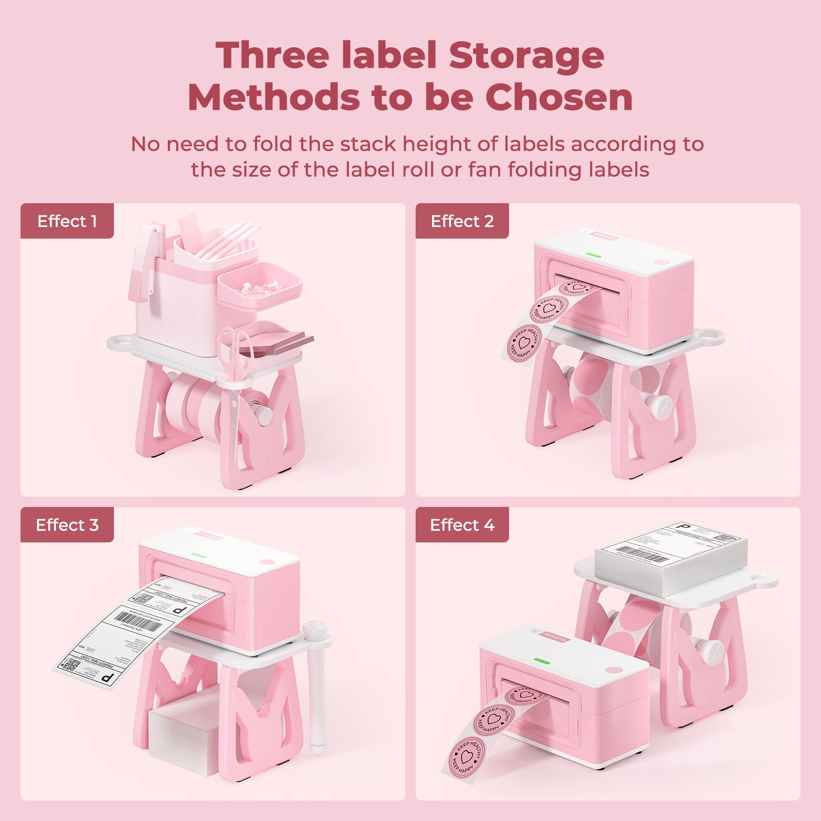 Pink thermal label printer with multifunctional label storage, showing three label storage methods for rolls and fanfold labels.