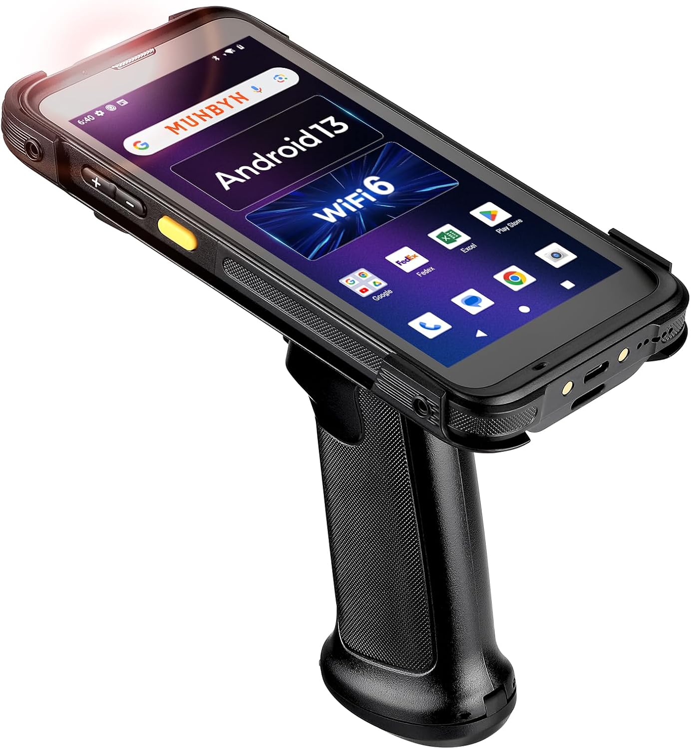 Handheld Android barcode scanner with trigger handle, WiFi 6, and touchscreen display