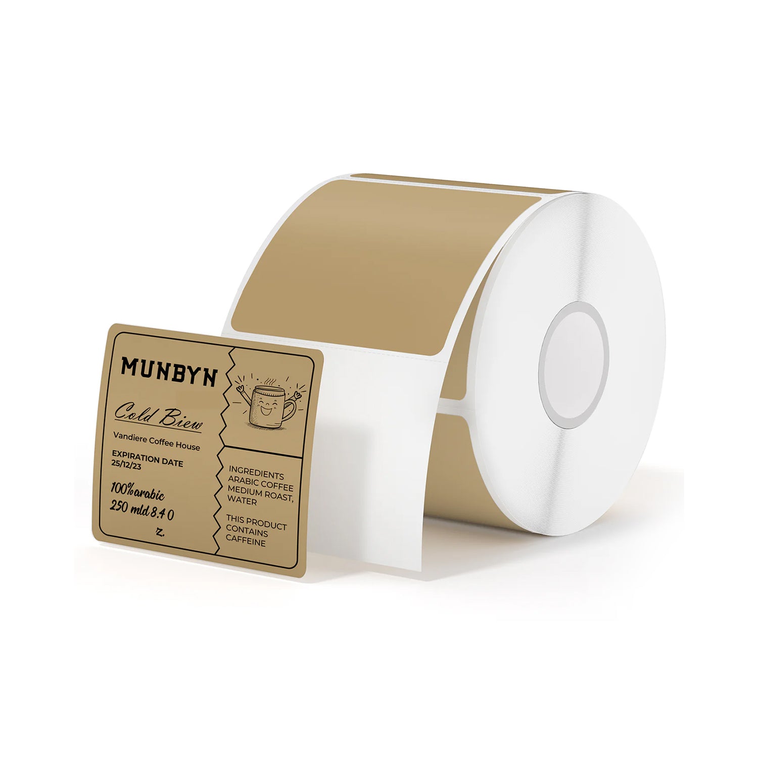 Thermal label roll with brown square coffee packaging label for product labeling and shipping