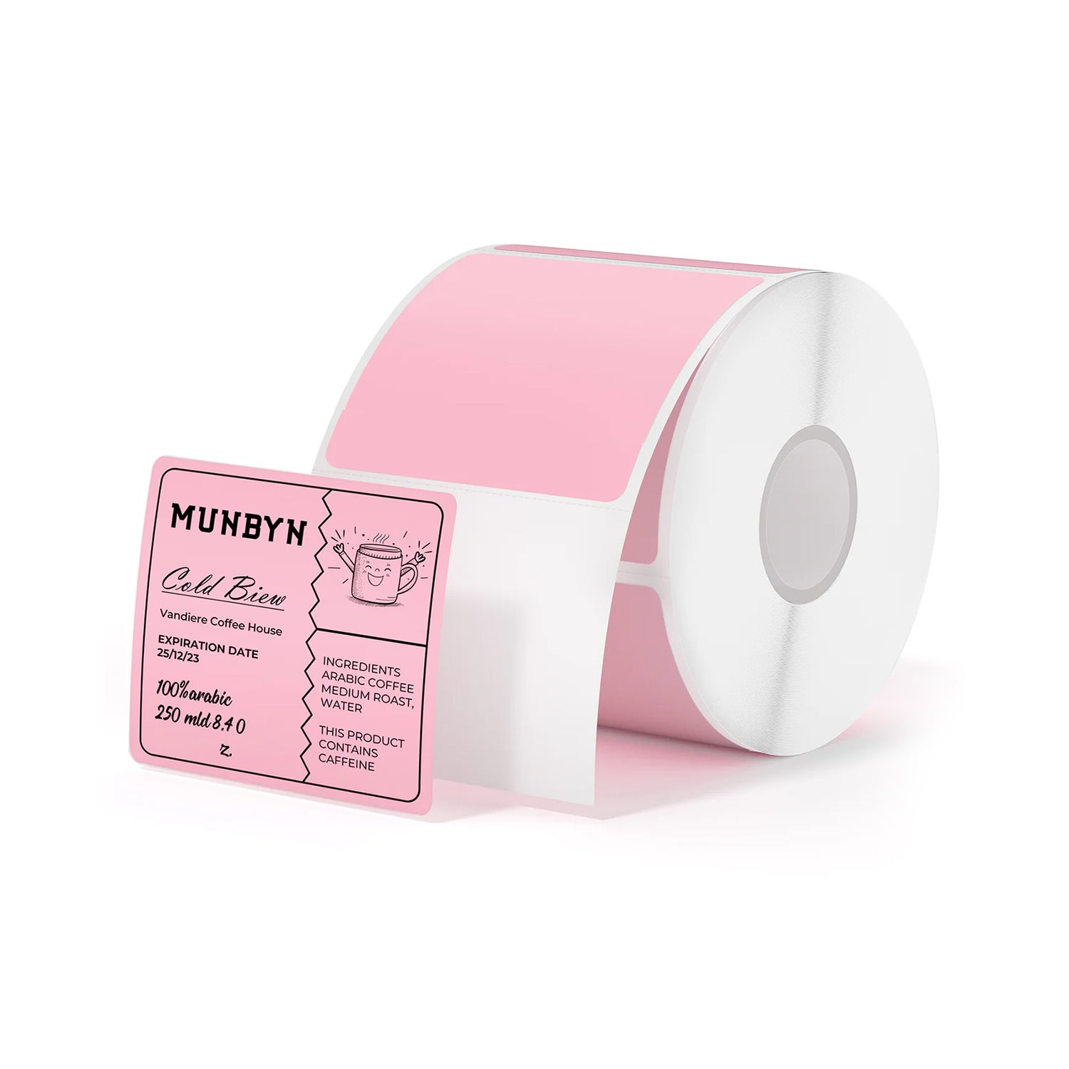 Pink thermal label roll with printed cold brew coffee label for packaging or shipping.