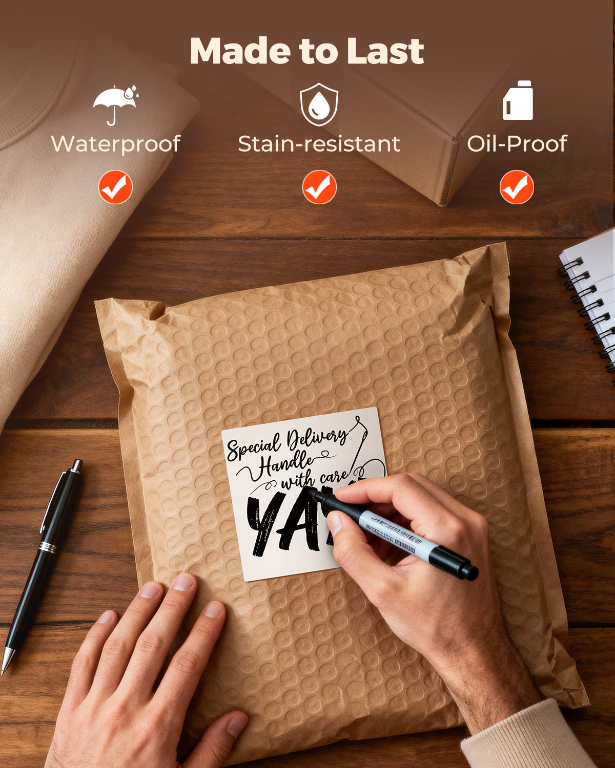 Hand writing on a label for a padded mailer, highlighting waterproof, stain-resistant, and oil-proof features.