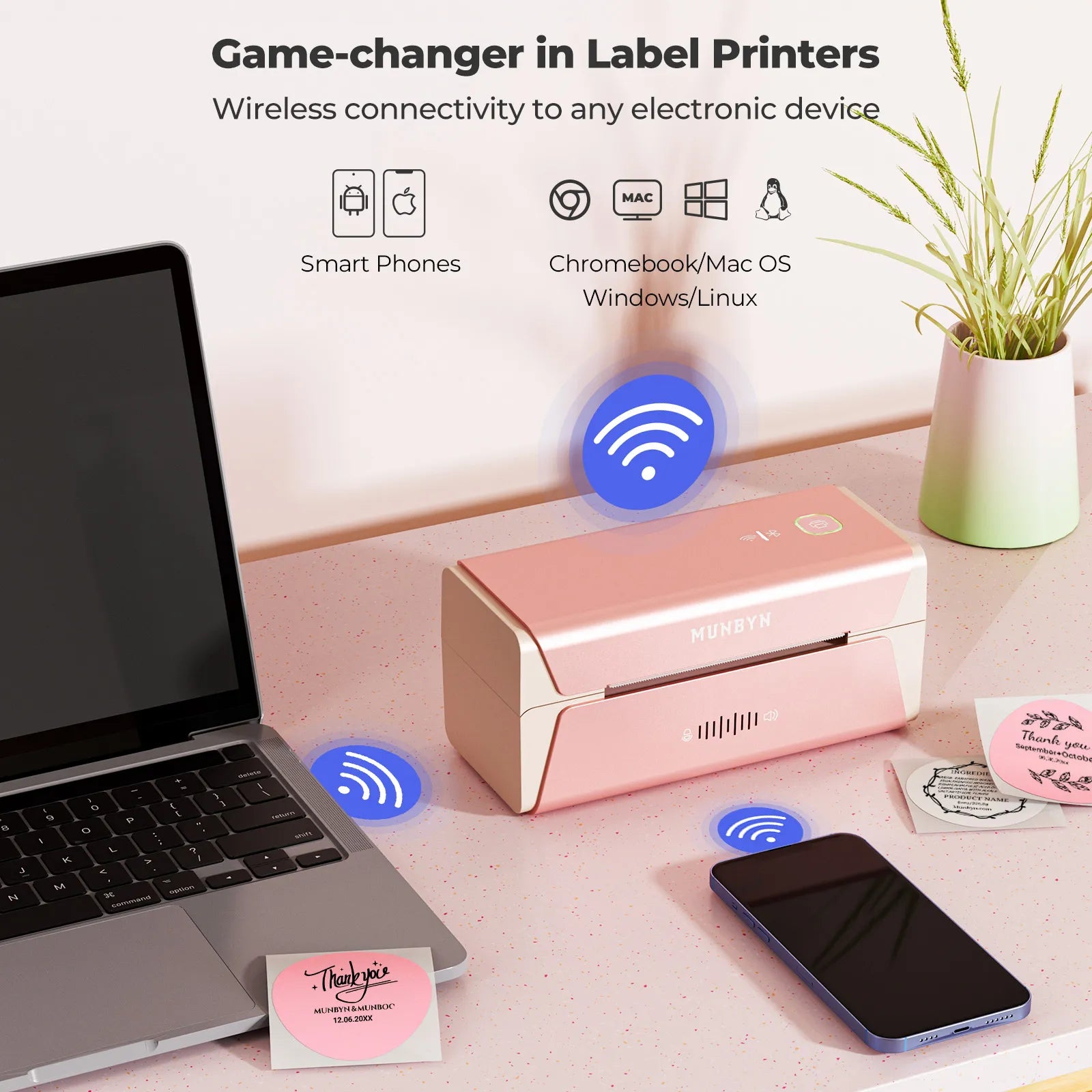 The MUNBYN RW401 WiFi Thermal Printer can be used to print wirelessly from any electronic device.