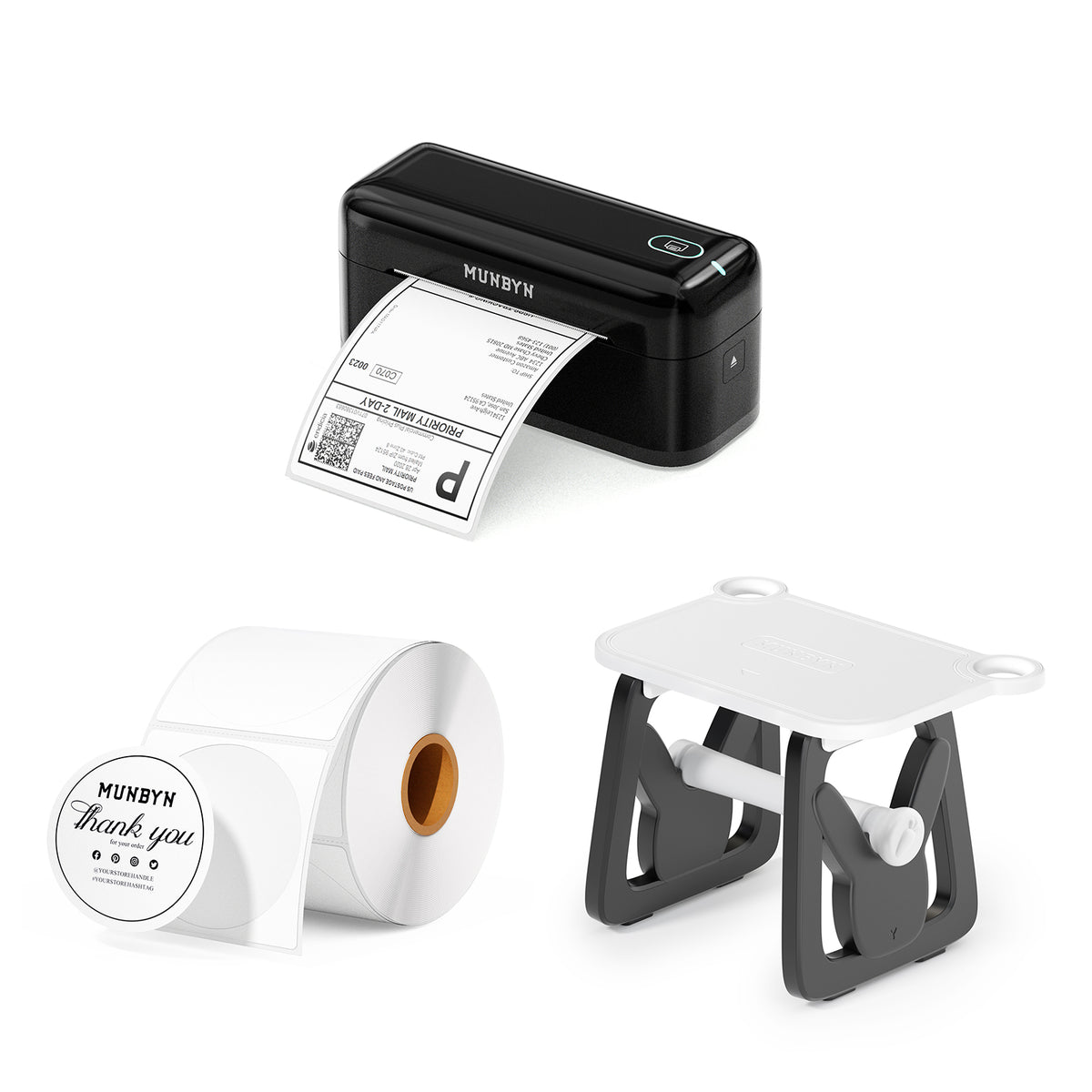 Thermal label printer with printed shipping label, label holder, and blank label rolls