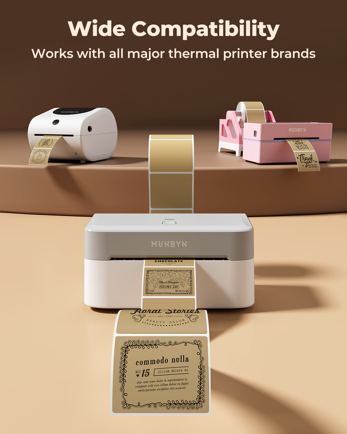 Square 2x2 inch label printer paper by MUNBYN, shown in the image with white labels on a sheet.