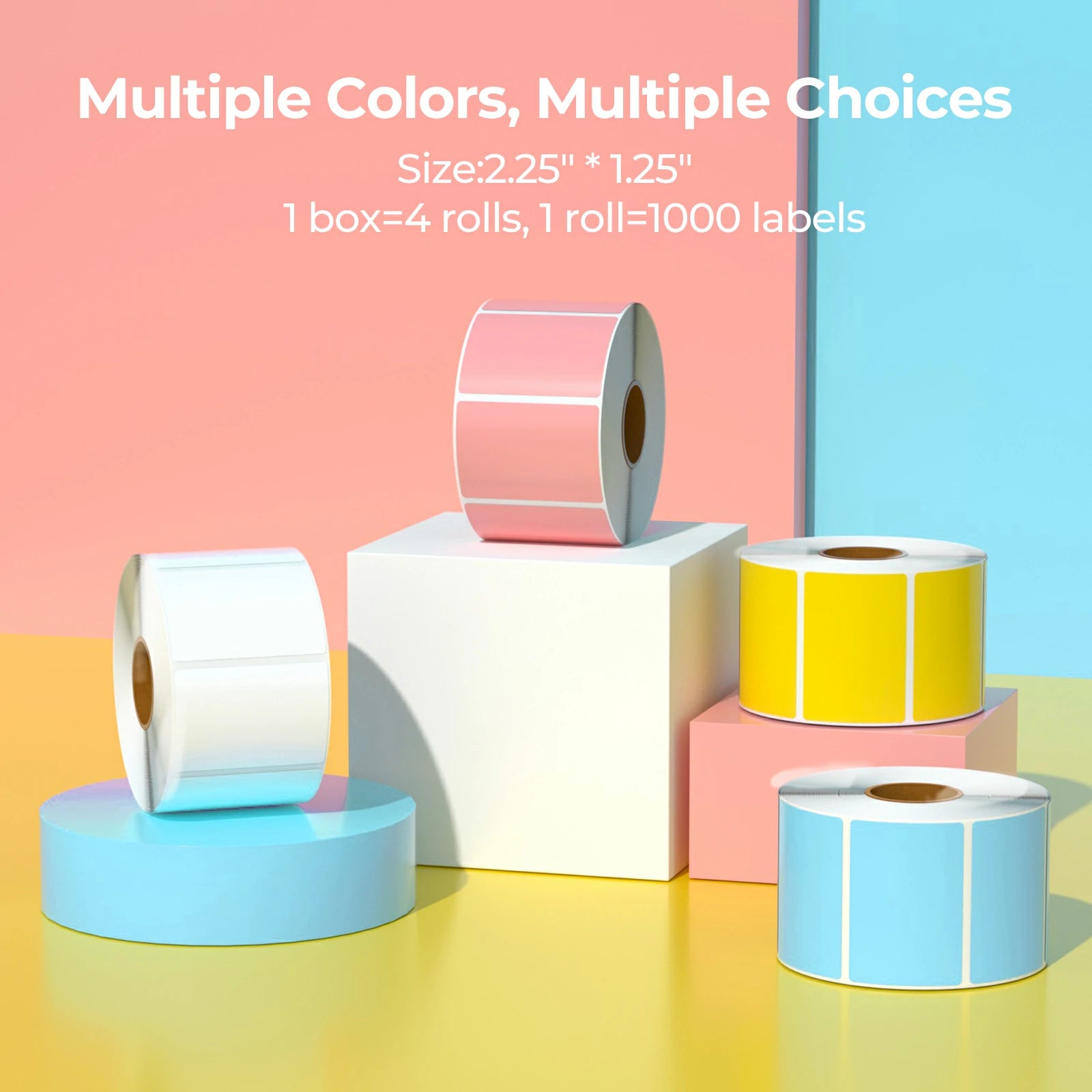 Colorful thermal label rolls in pink, yellow, blue, and white on pastel background, 2.25x1.25 inch.