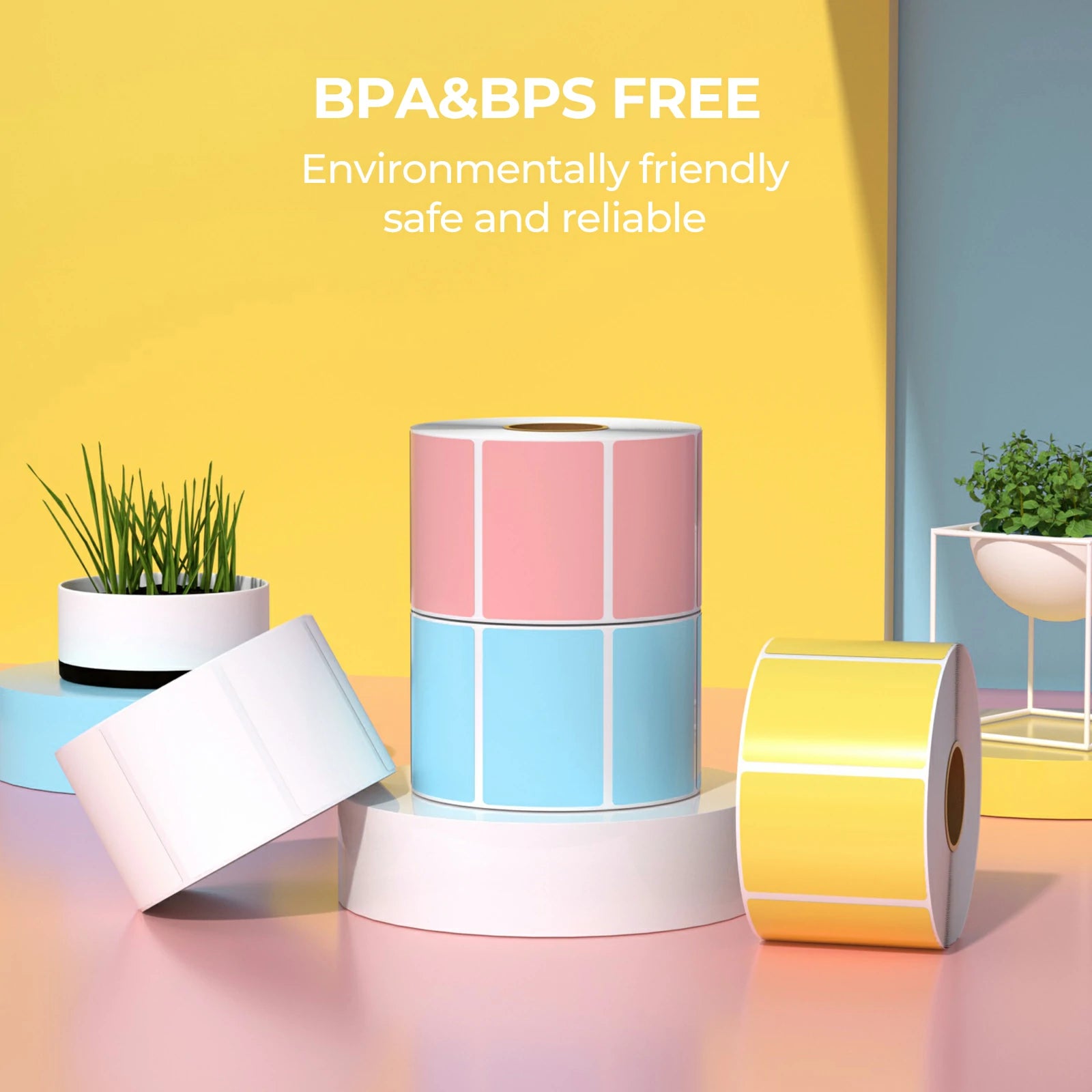 Colorful BPA and BPS free thermal label rolls displayed on a pastel background