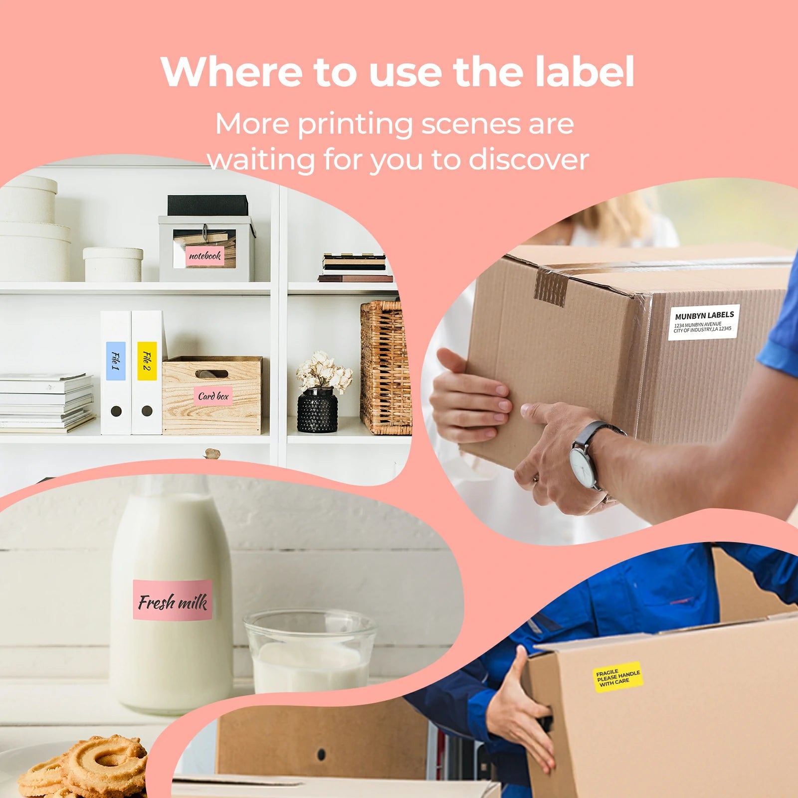 Multiple uses for thermal labels on packages, storage boxes, binders, and a milk bottle.