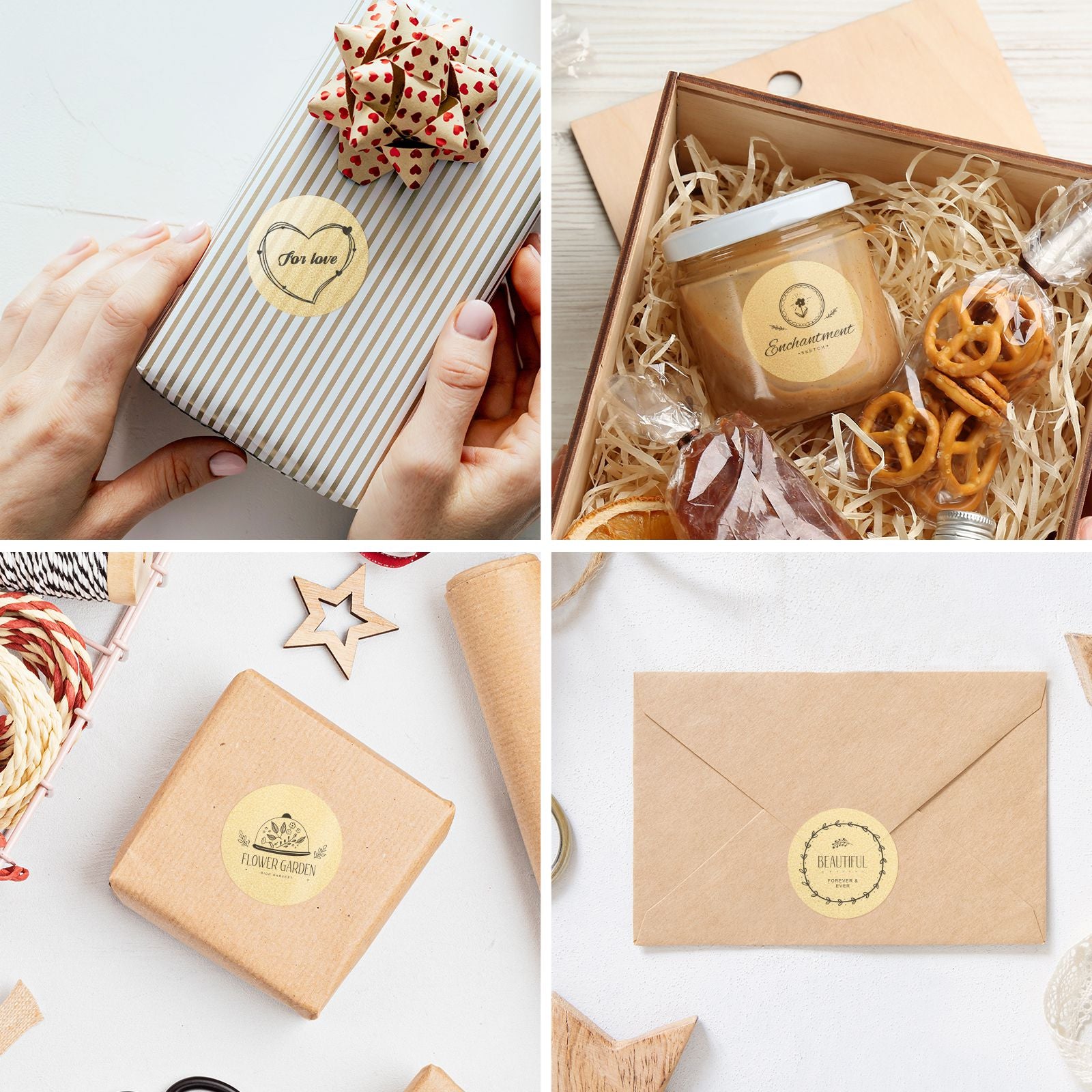 Round kraft paper stickers with text on gifts, envelopes, and packaging for labeling and decoration