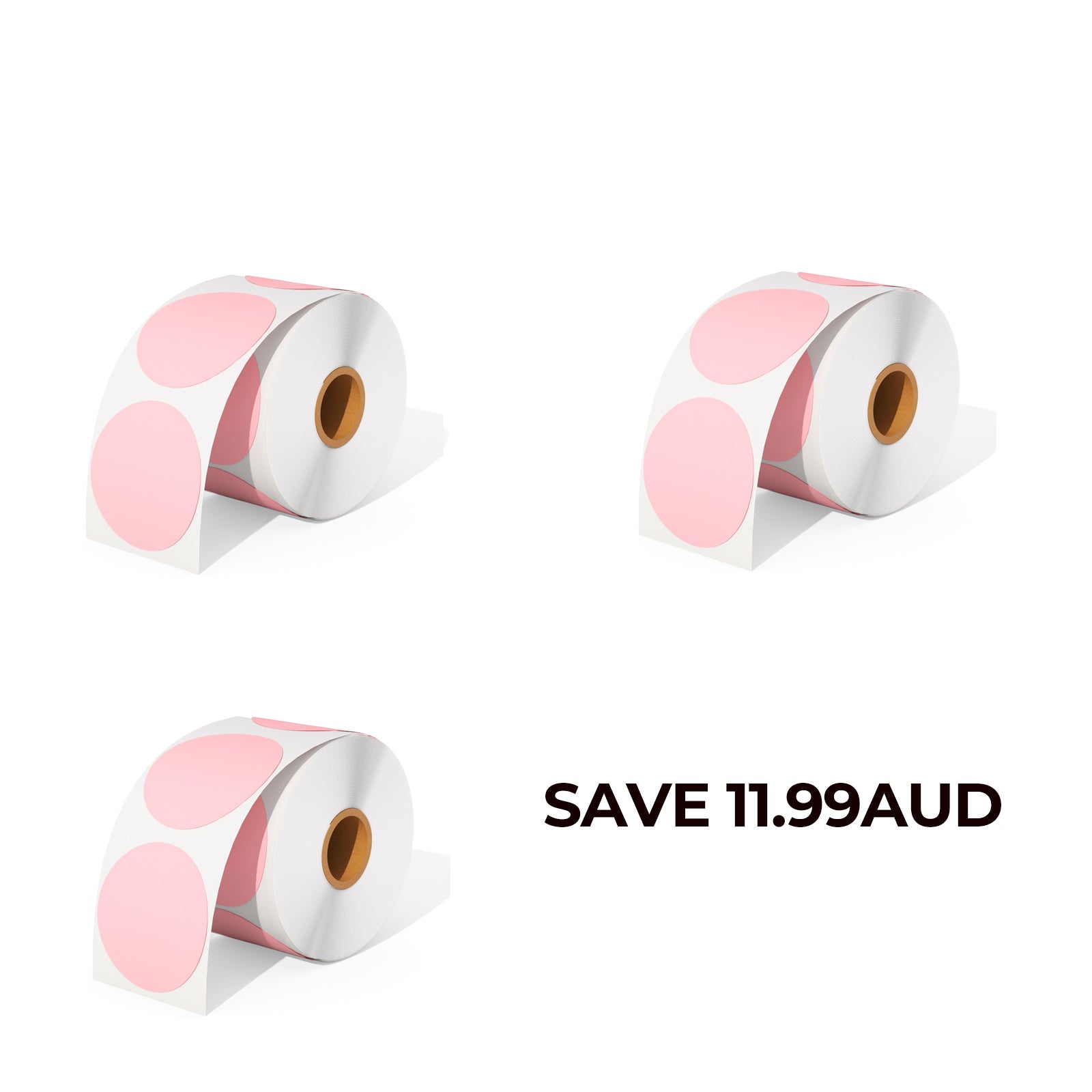 Save $11.99AUD on three rolls of pink thermal round labels.