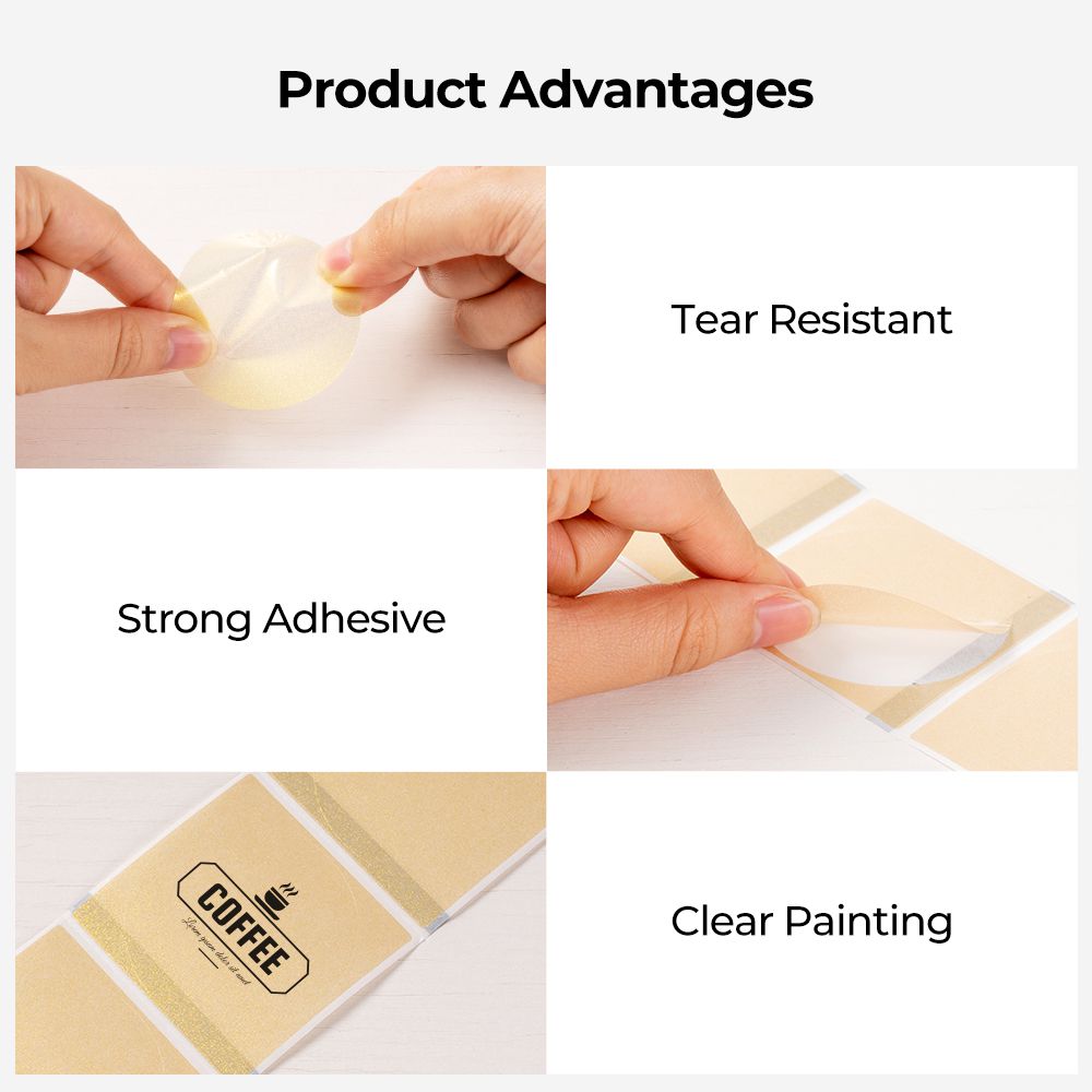 Round kraft label stickers shown demonstrating tear resistance, strong adhesive, and clear printing.